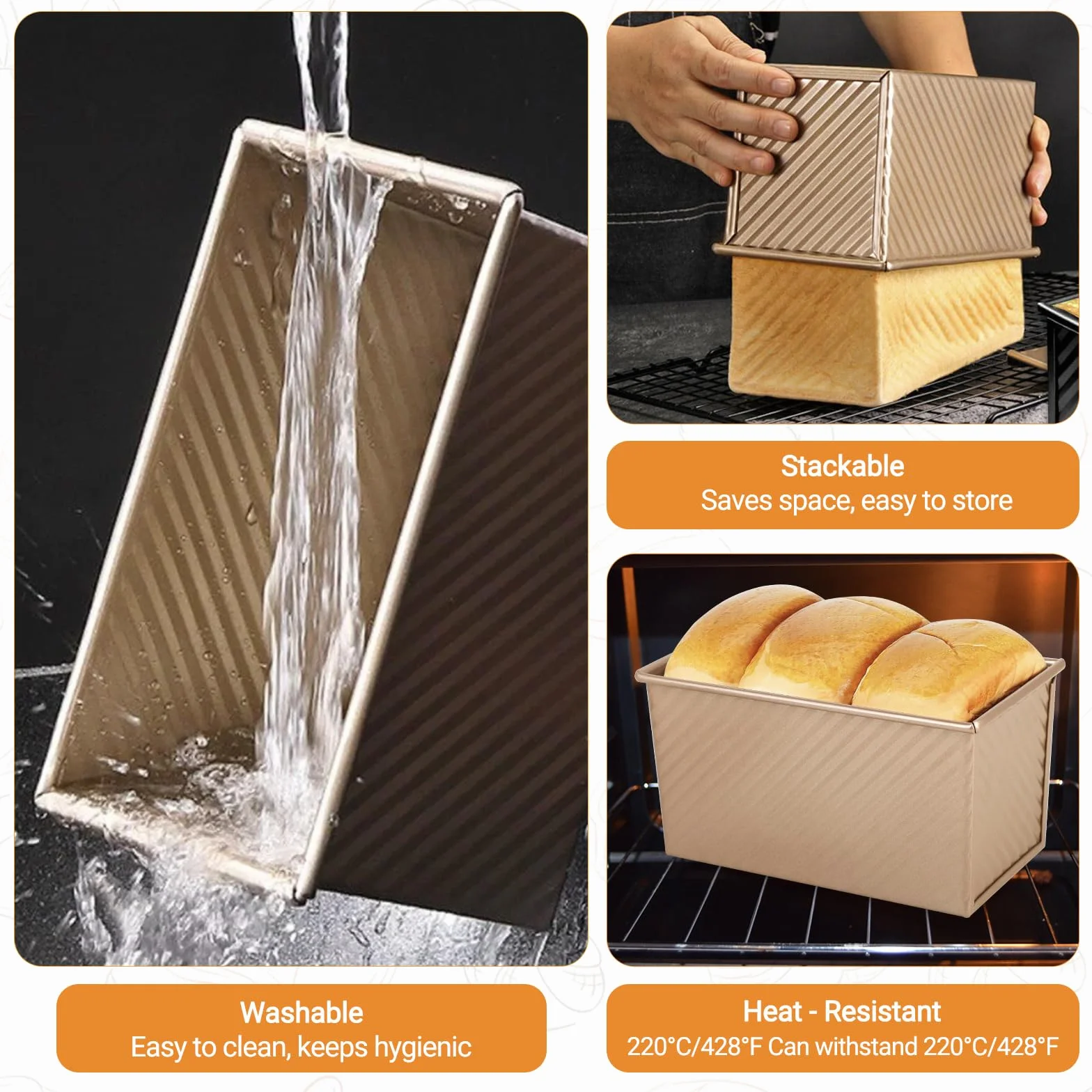 Windfromort Forma na chleb w pudełku - Aluminiowe pudełko na chleb Nieprzywierająca forma do pieczenia chleba z pokrywką i 2 izolowanymi rękawicami - do tostów, piekarni, ciast (złoty)
