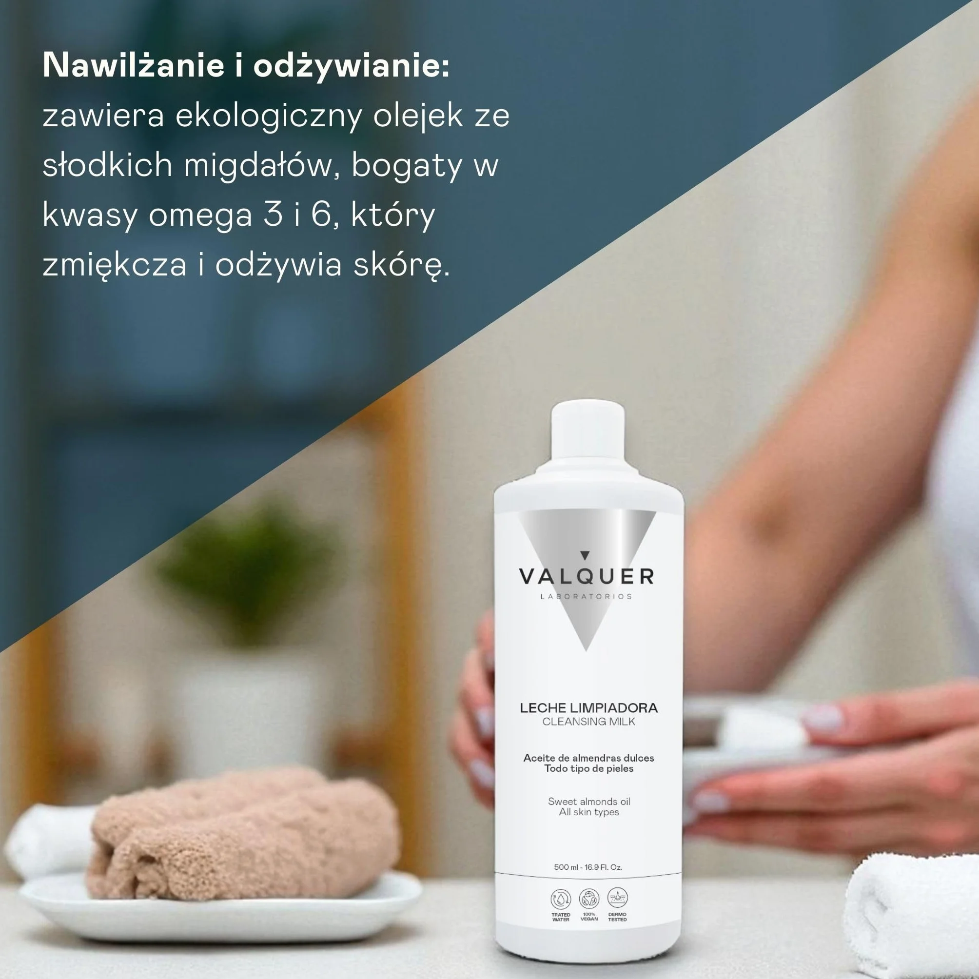 Valquer - Mleczko oczyszczające do twarzy z olejkiem migdałowym, Wegański głęboko oczyszczający płyn do demakijażu, Nawilża i zmiękcza wszystkie rodzaje skóry, 500 ml