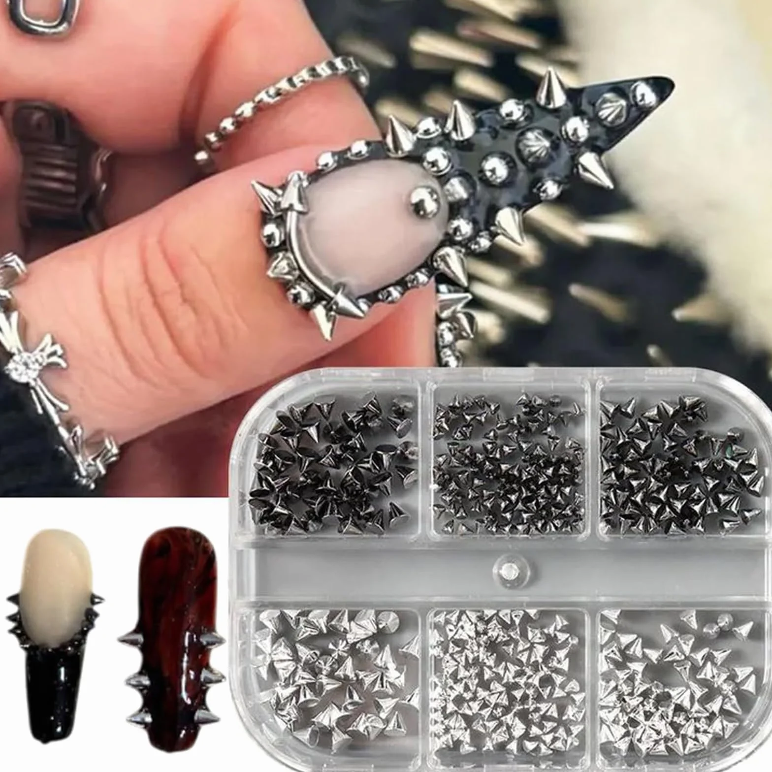 12 pudełek gotyckich zawieszek do paznokci, mini kolce do paznokci, punkowe ćwieki, styl wiktoriański i Halloween, manicure, dekoracje do paznokci, płaskie, metaliczne kolce 3D