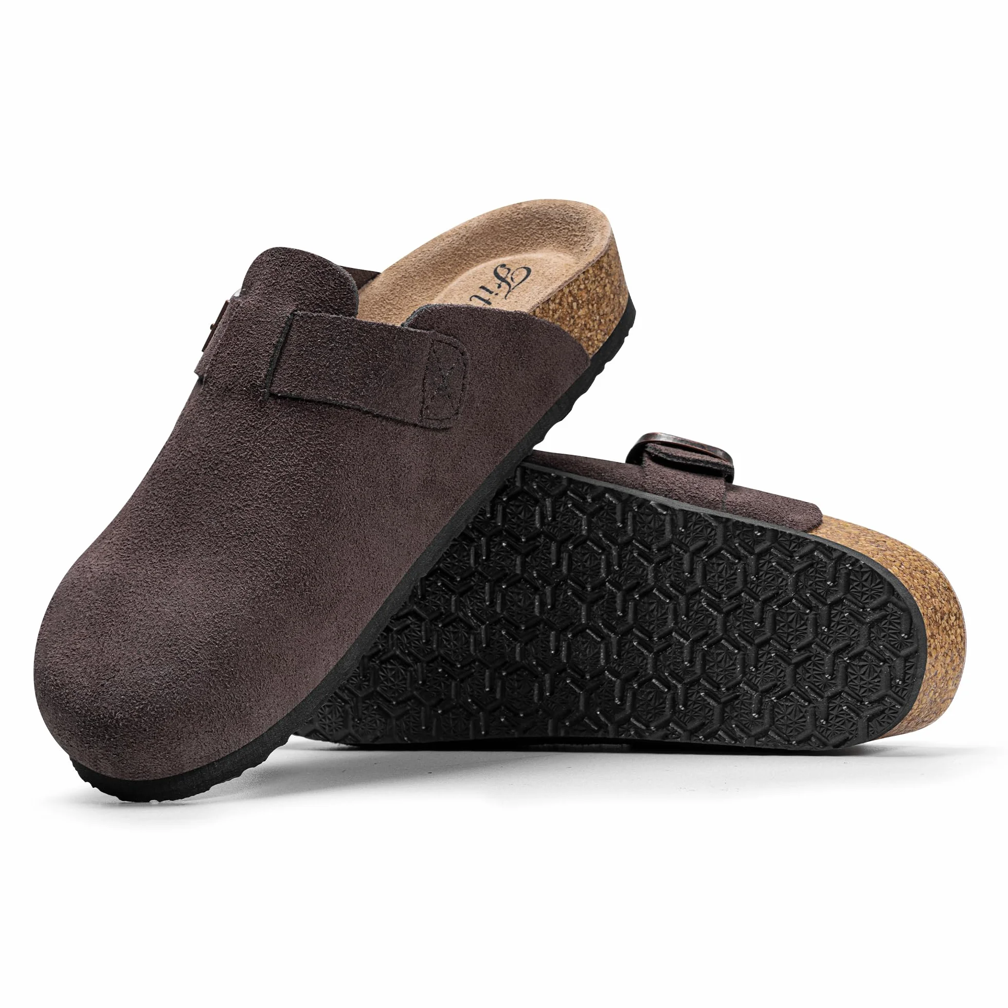 FITORY Damskie klapki z miękkiego zamszu, regulowane sandały z anatomiczną korkową wkładką, model mule, rozmiary 37–43