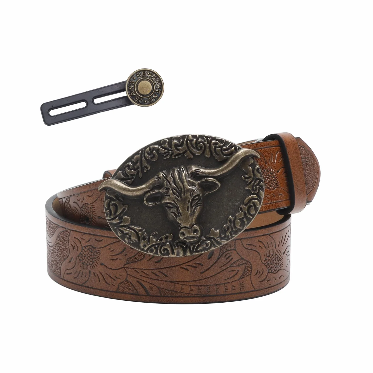 Pasek kowbojski męski z klapką - pasek western damskie kowbojskie z mosiądzową klamrą Longhorn Bull, kwiatowym wzór, brązowy, damskie w stylu country na jeansy, na co dzień, na imprezę, prezent