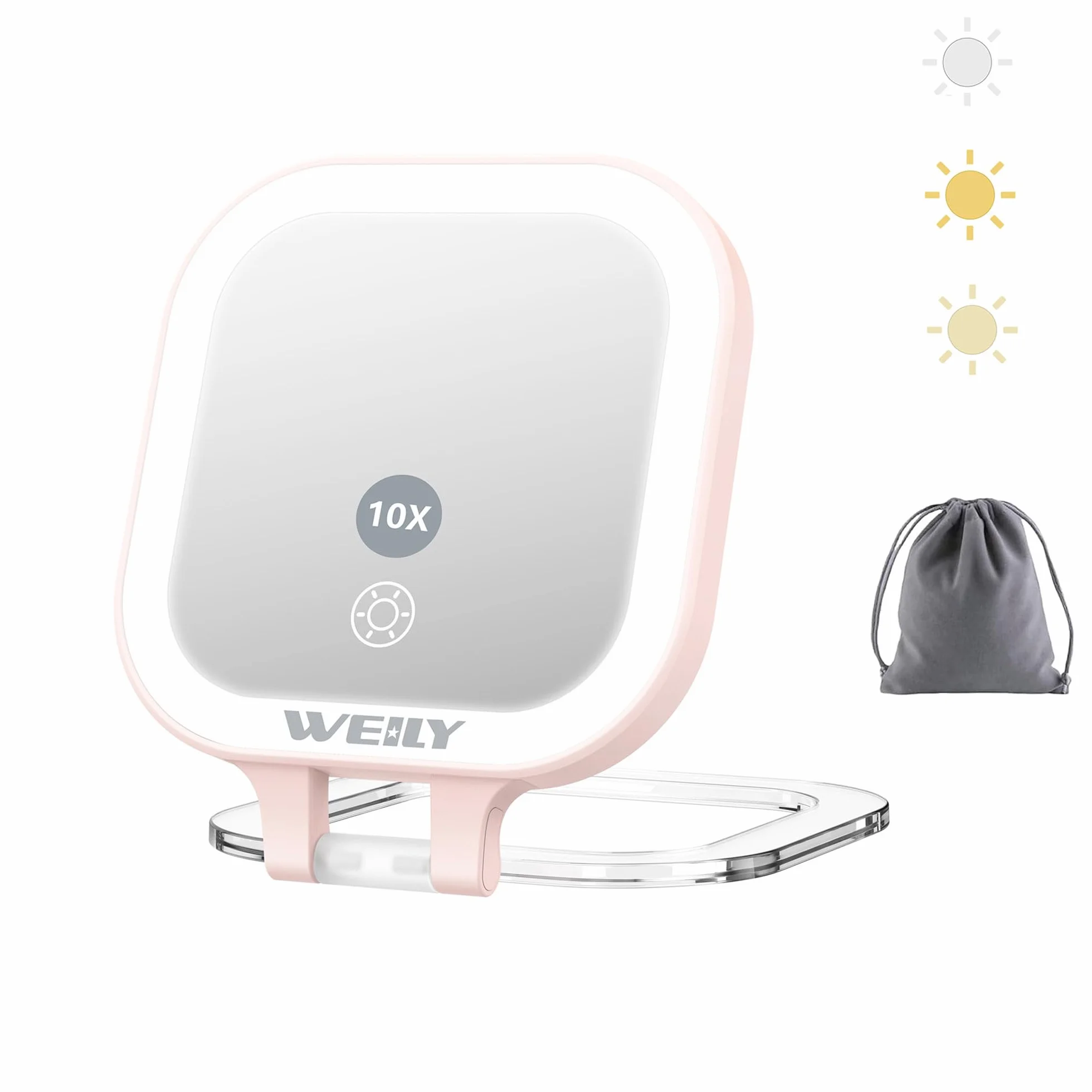 WEILY Lusterko kieszonkowe z oświetleniem 1X/10x dwustronne podróżne 3 kolory światła USB