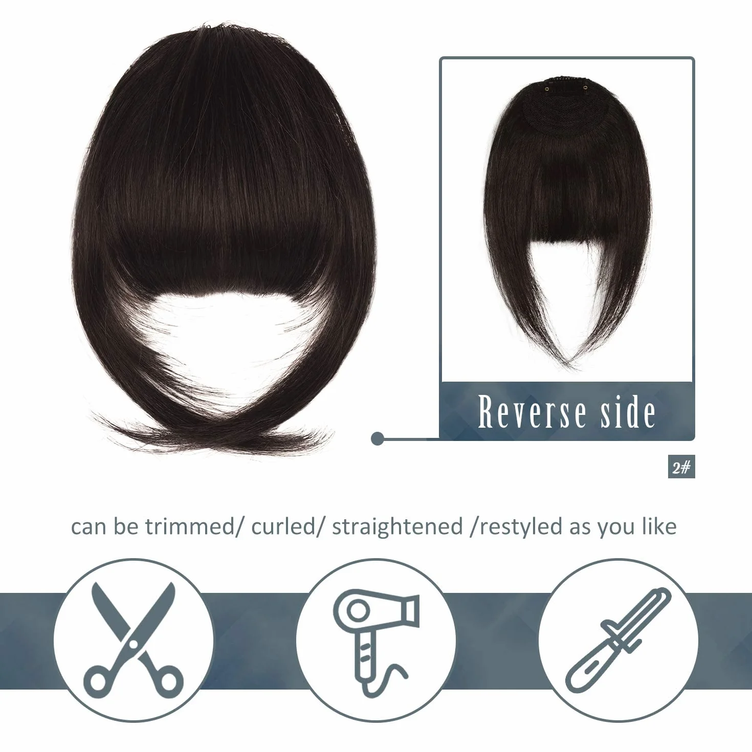 BARSDAR Treska na klamrze French Bangs z 100% prawdziwymi włosami ludzkimi, przedłużenie grzywki z skroniami, klipsowe grzywki w naturalnym kolorze, można myć/farbować 2#