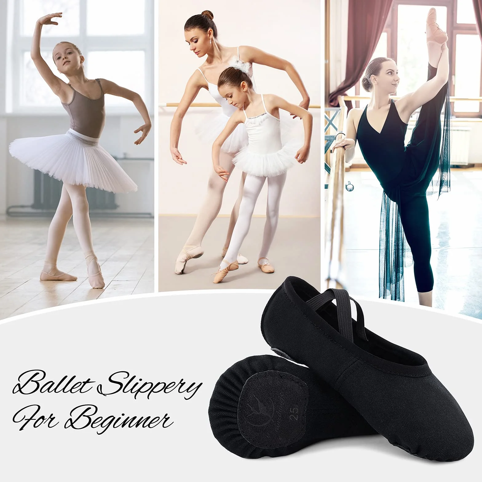 Buty baletowe dla dziewczynki, buty do tańca, elastyczne płótno, podzielona skórzana podeszwa, dla małych dzieci, kobiet, dorosłych (proszę wybrać jeden numer większy), czarny - czarny - 30 EU