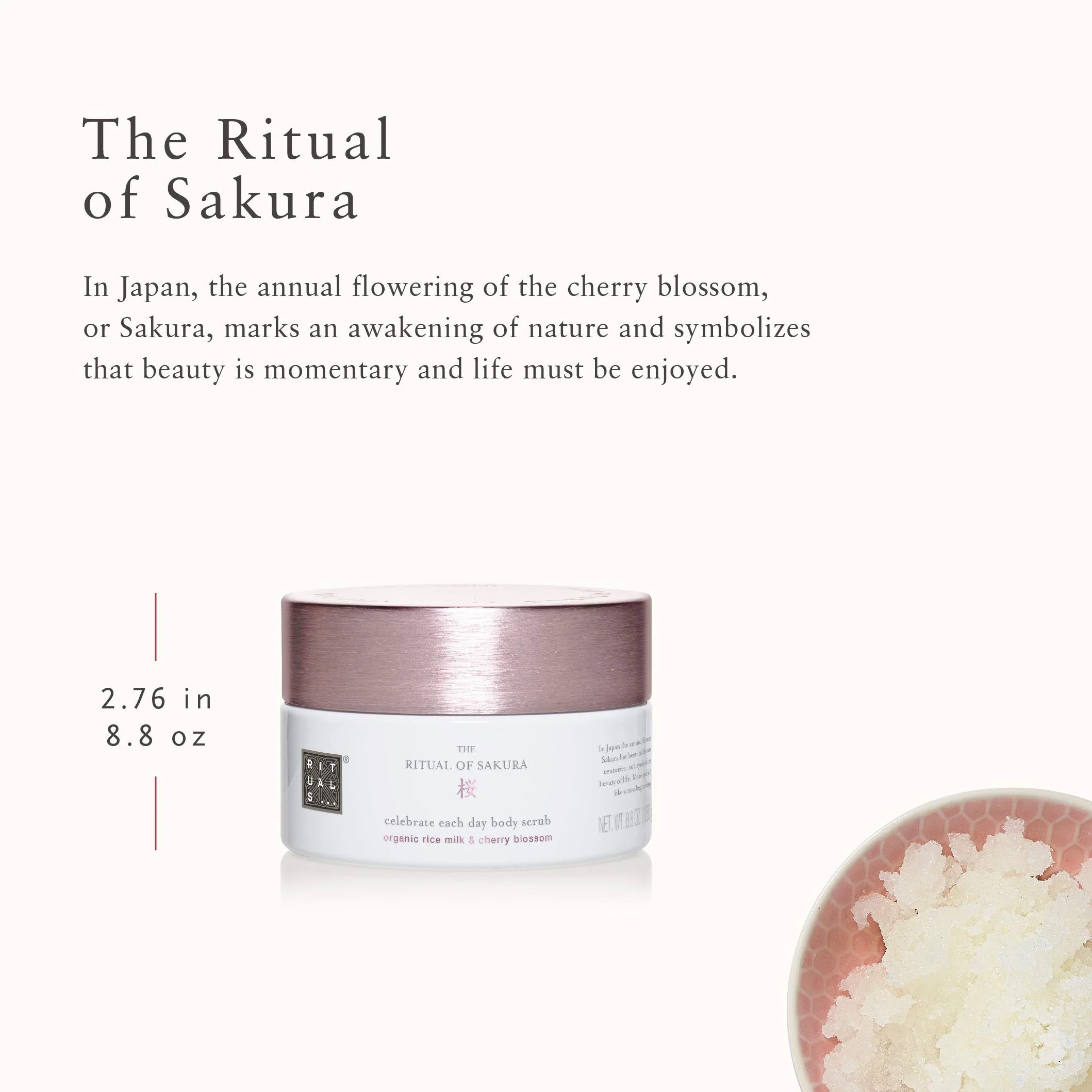 RITUALS The Ritual of Sakura Peeling do ciała, 250 gr - z mlekiem ryżowym, kwiatem wiśni, cząstkami wiśni i olejem Tsubaki - właściwości odżywcze i odnawiające skórę