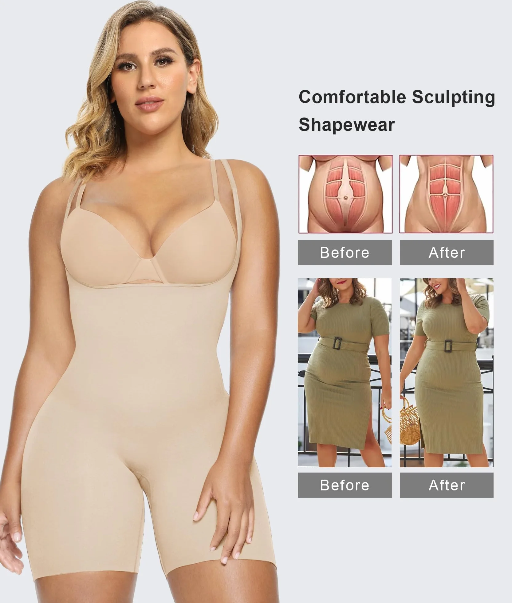 SHAPERX Damskie body modelujące brzuch z otwartym biustem, bezszwowe, modelujące sylwetkę do połowy uda, dla wyrwanej talii