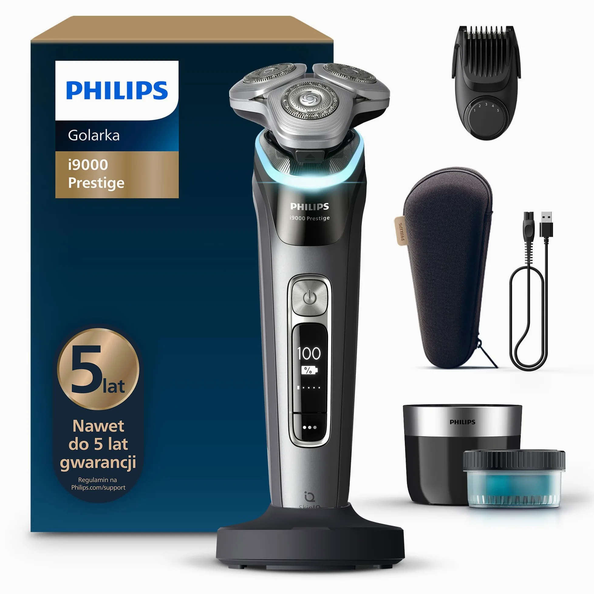 Philips Shaver i9000 Prestige, golarka elektryczna do golenia na sucho i mokro z technologią Skin IQ, System Triple Lift & Cut, podwójne ostrza SteelPrecision 360º, stylizator brody, Model XP9202/33