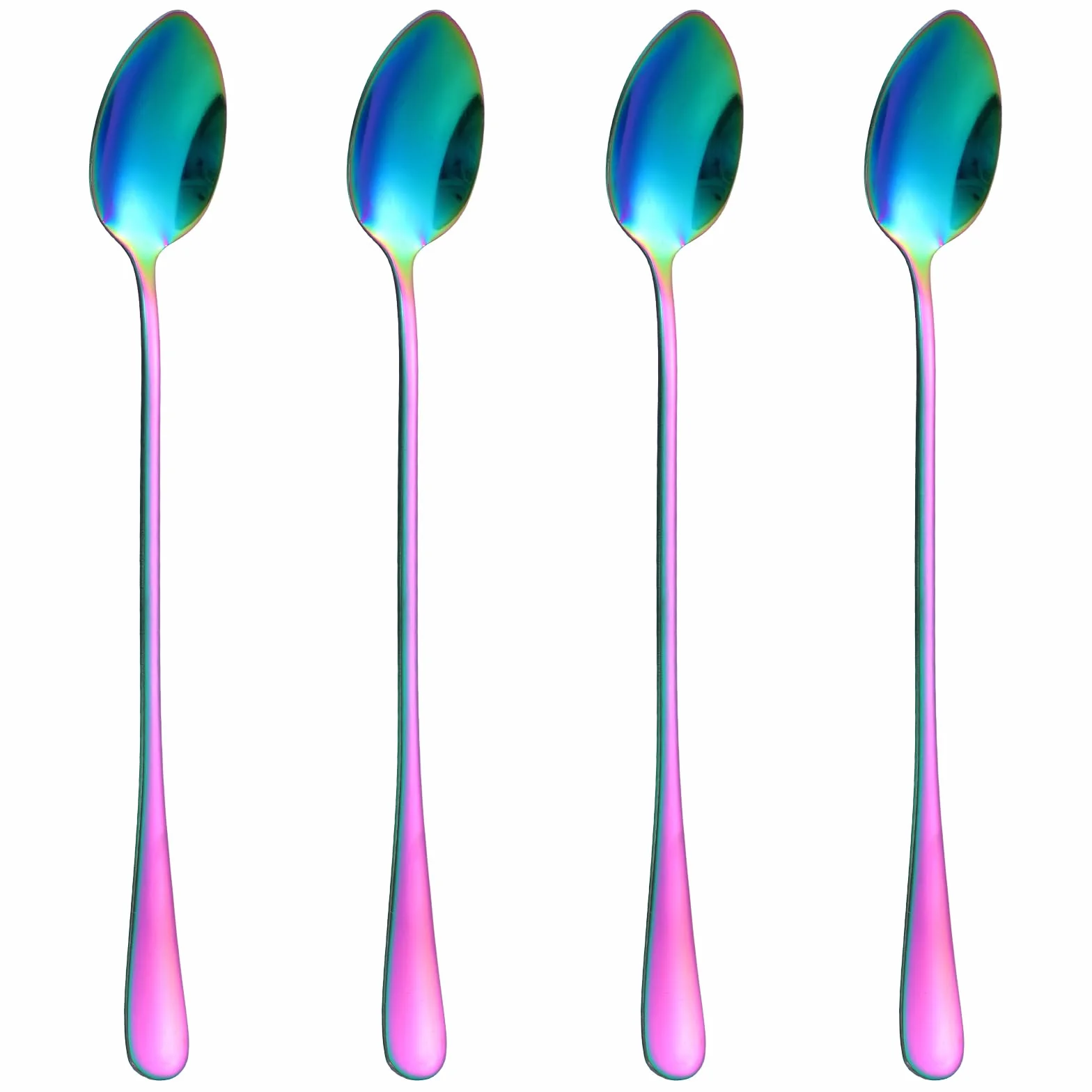 4 długie łyżki do lodów ze stali nierdzewnej, Sundae Spoons, wytrzymałe i trwałe, zestaw łyżek do latte macchiato do koktajli, deserów, macchiato, Sundae, 19,5 cm, kolorowe łyżki do
