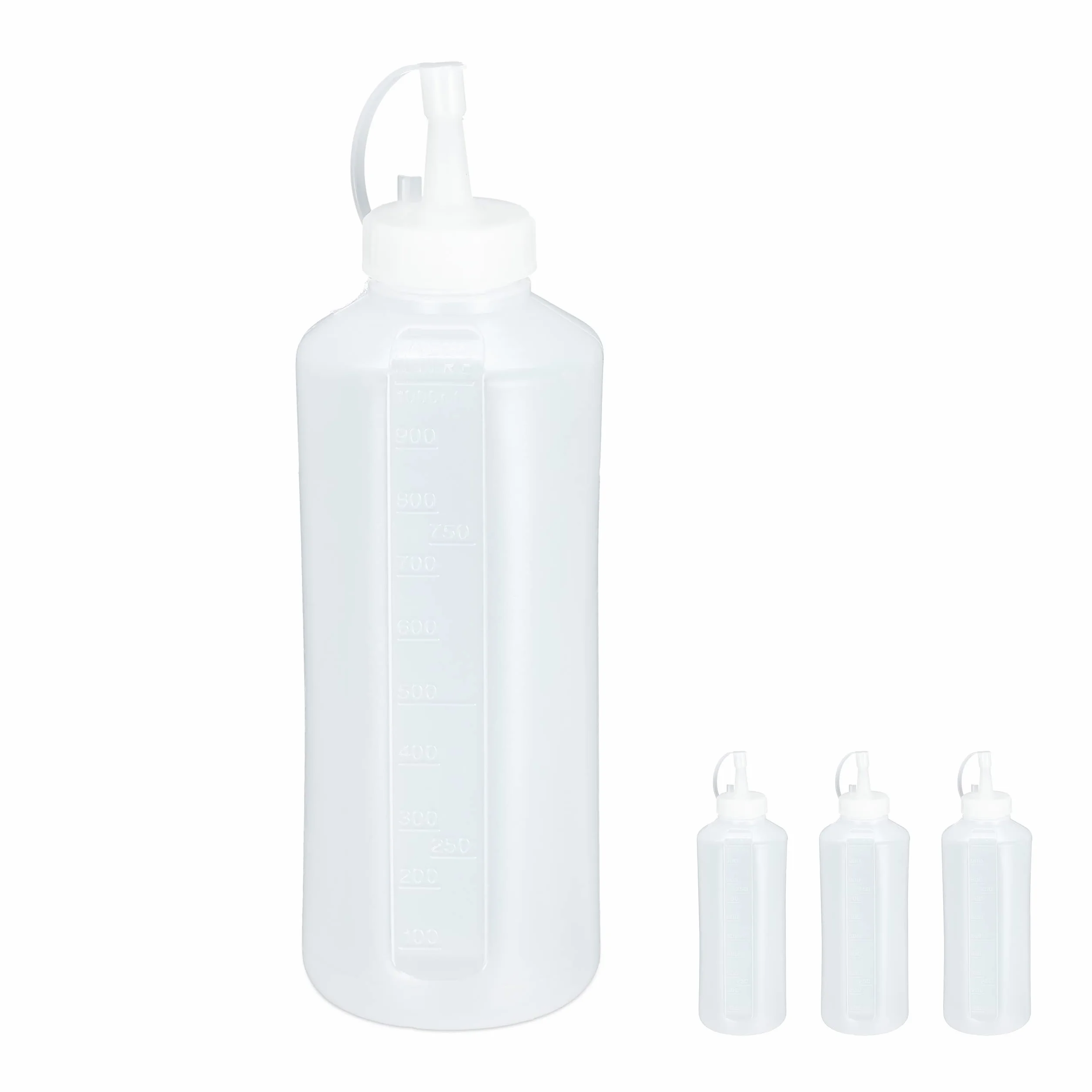 Relaxdays butelka do wyciskania sosów 1000ml, dozownik, dyspenser, 4szt., plastikowy pojemnik na sos, przezroczysty mat