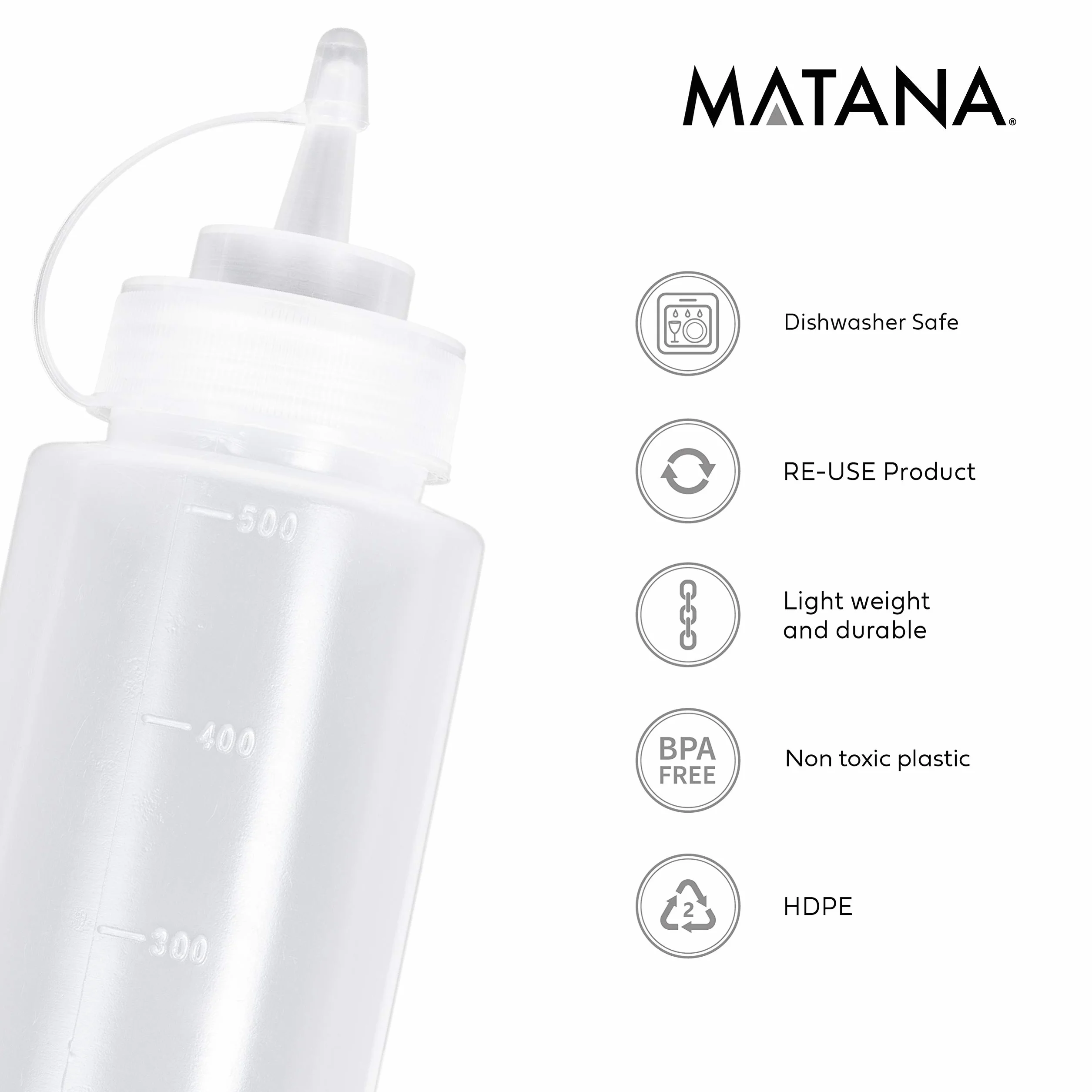 MATANA 8 dużych plastikowych butelek na sos z dyszami, 500 ml, przyprawy, sosy, keczup, sosy, musztarda, oliwa z oliwek, bez BPA, nadają się do mycia w zmywarce