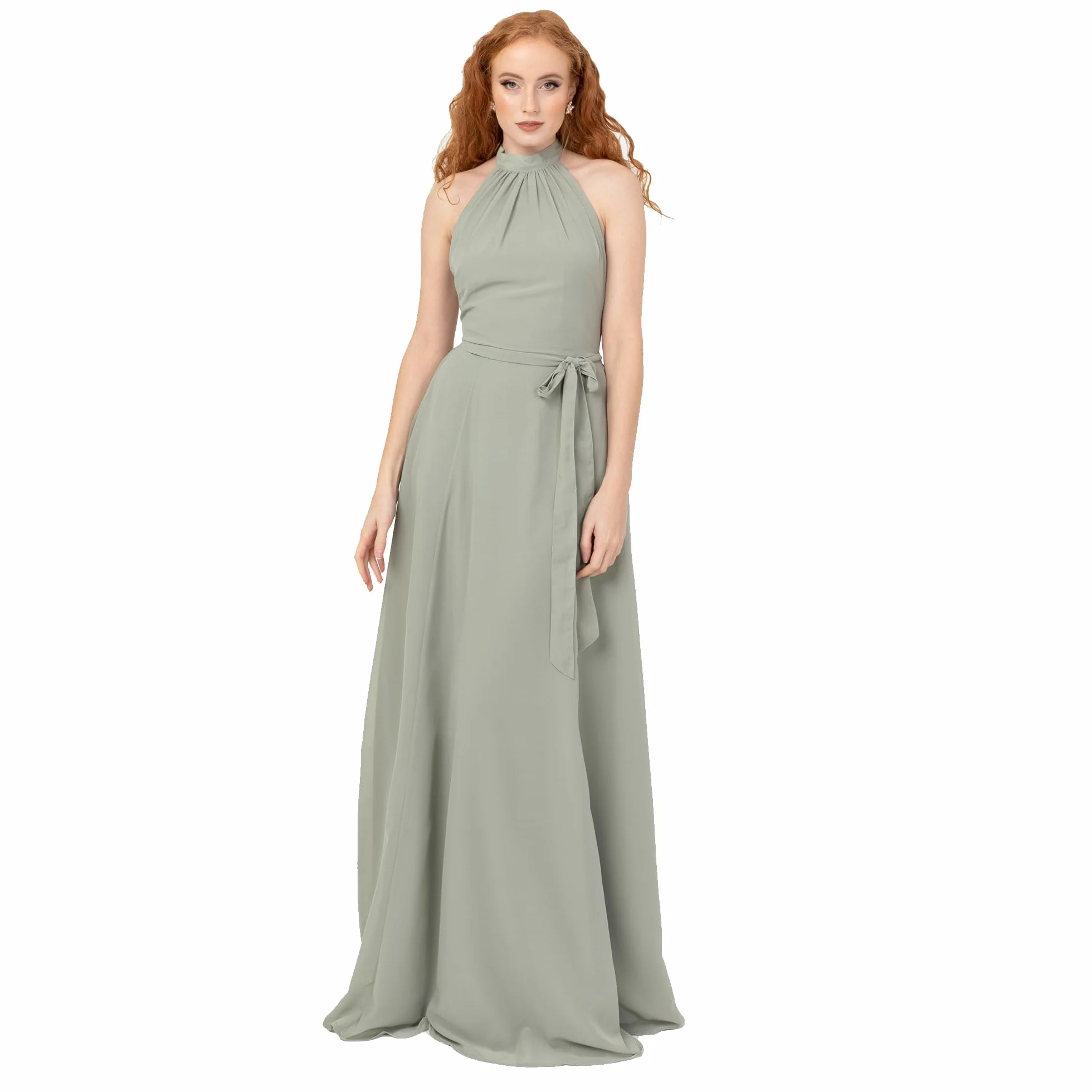 Anaya with Love Women's Maxi Dress Ladies Halter Neck A-line Sash Bow Belt Shirred Bridesmaid Wedding Guest Prom Ball Gown, Frostgrün 16, Frosty Green, 44