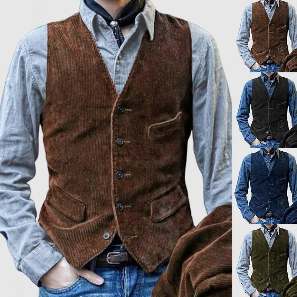 Besttoolifes Męska sztruksowa kamizelka zapinana na guziki, płaszcz vintage, brytyjski styl, wąska kamizelka bez rękawów