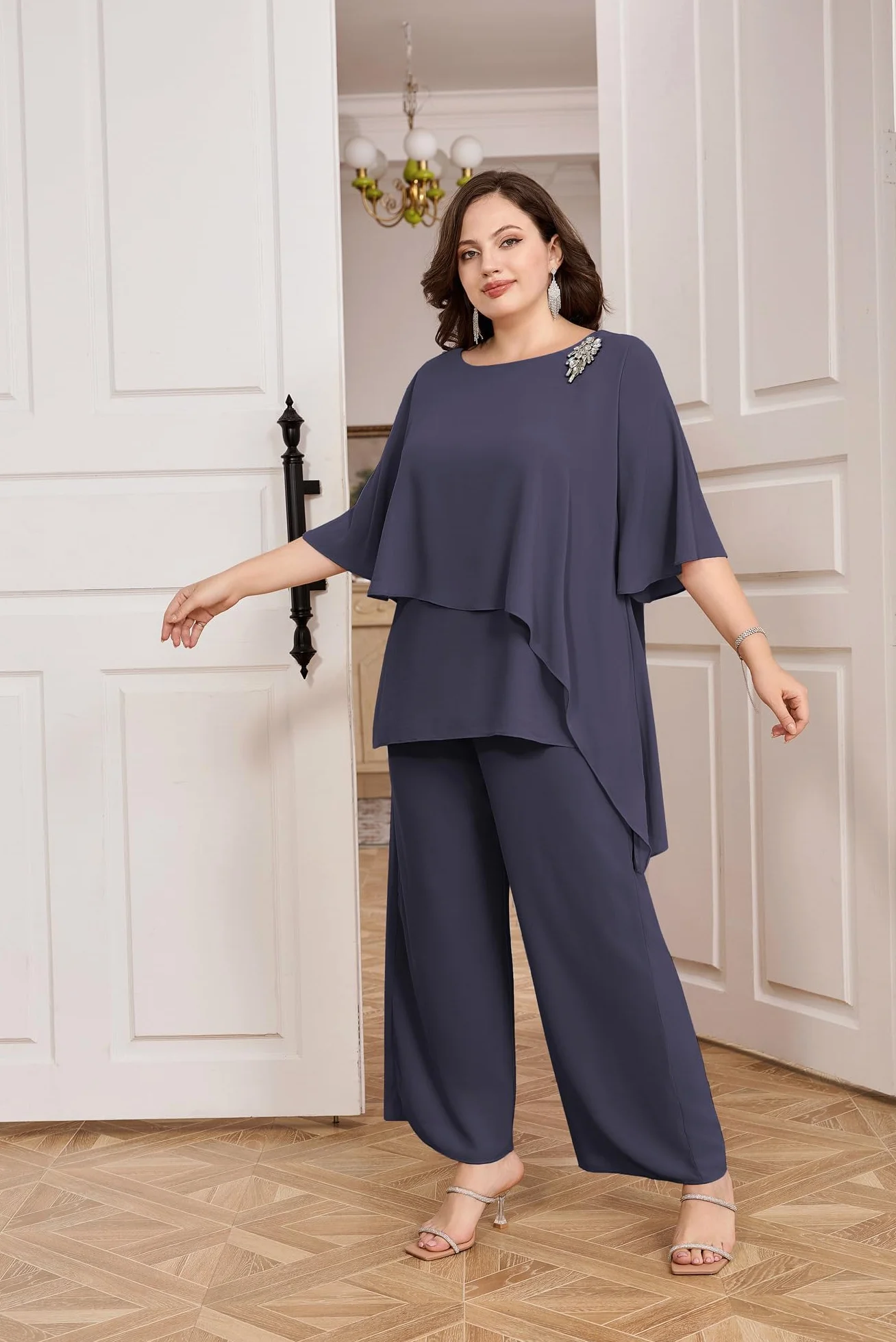 Hanna Nikole Damskie eleganckie zestawy garniturów wieczorowych plus size, 2-częściowy zestaw, przyjęcie koktajlowe, odświętne spodnie, dwuczęściowy strój szyfonowy, koszula i spodnie z wysokim stanem