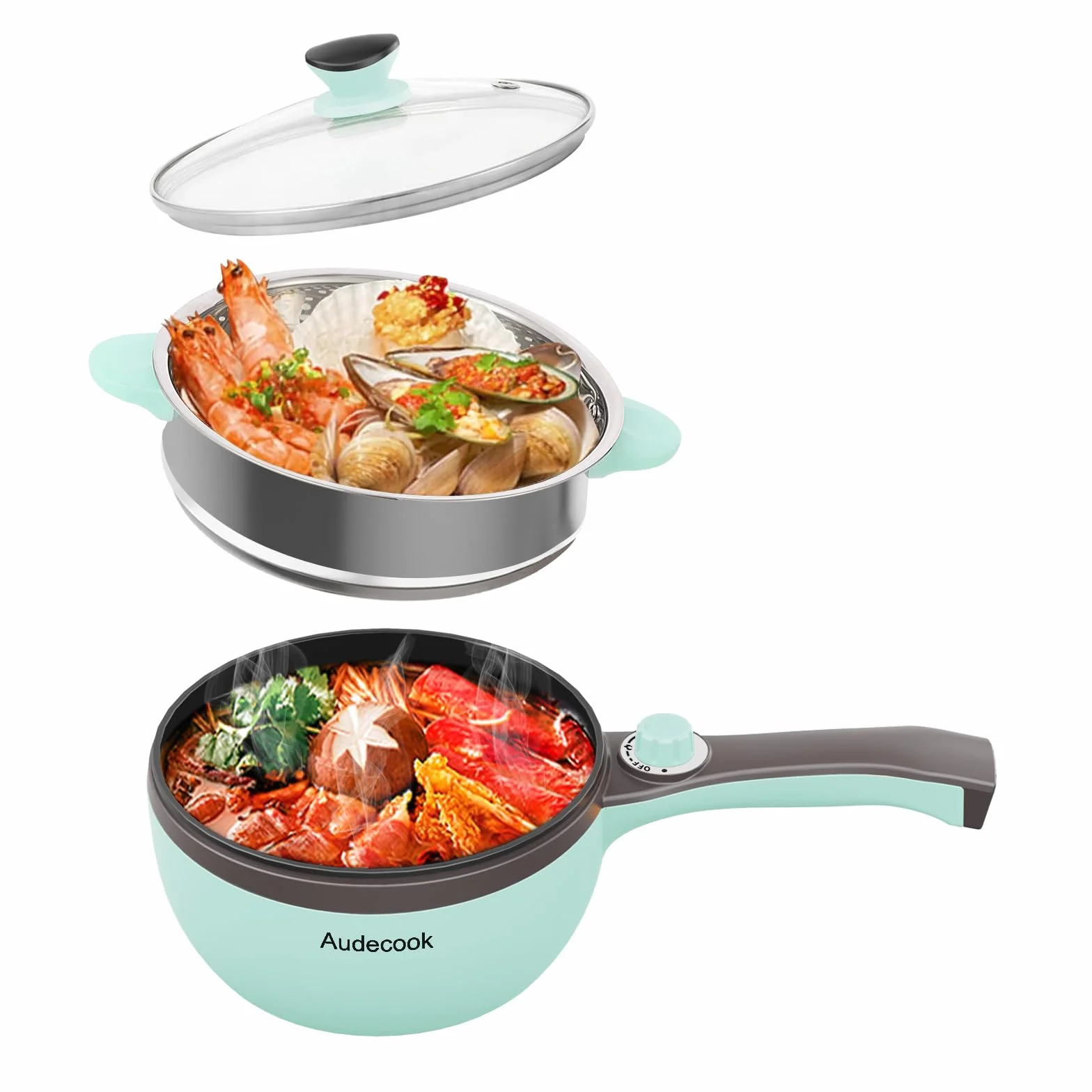 Audecook elektryczny Hot Pot z parowarem, 1,5 l/20 cm, nieprzywierająca, multicooker do akademika, steków