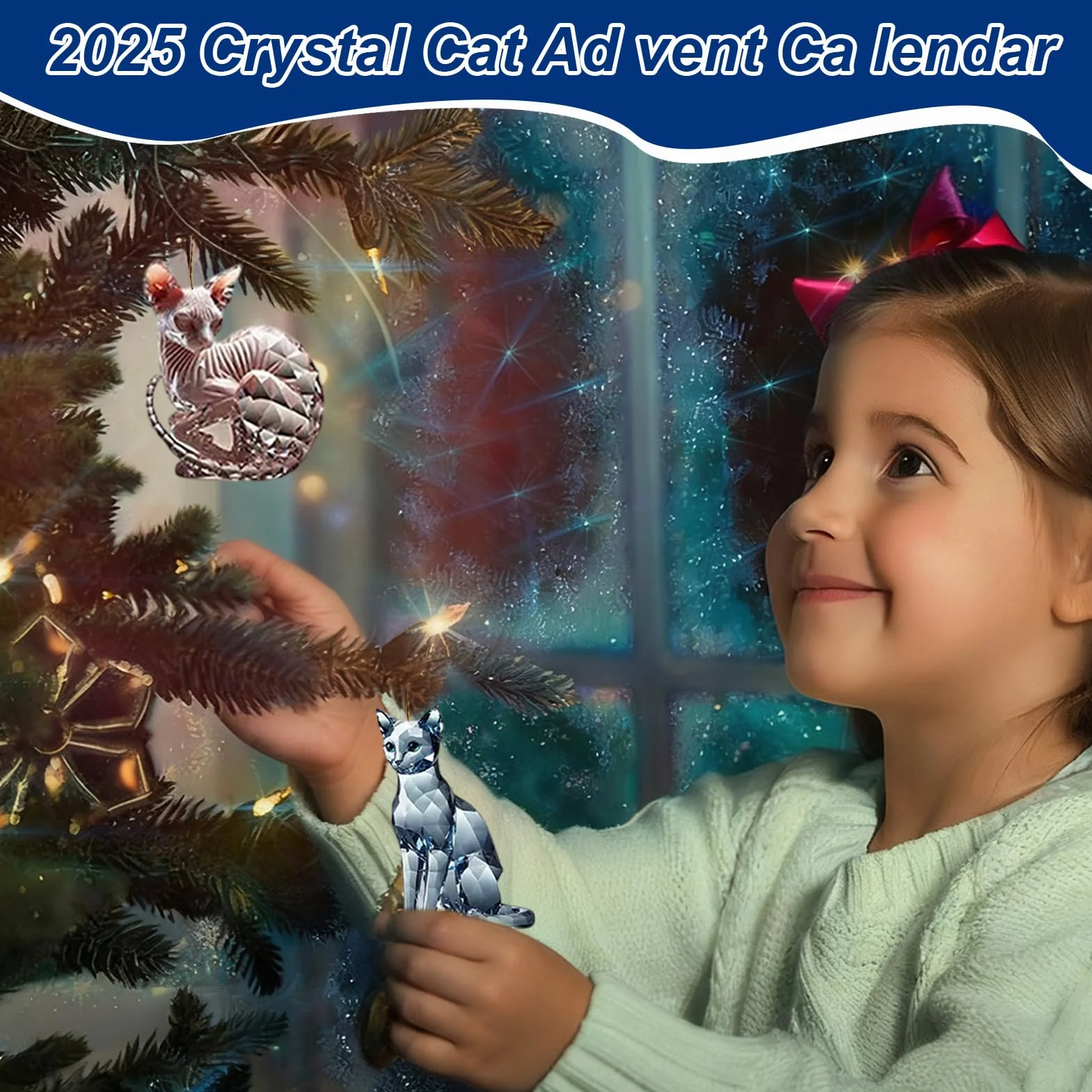 Kryształowe adwent C-alDGREE 2025 z 24 akrylowymi ornamentami, 24-dniowy kalendarz do odliczania świąt Bożego Narodzenia z uroczym wisiorkiem, prezent dla miłośników kotów, dekoracje choinkowe