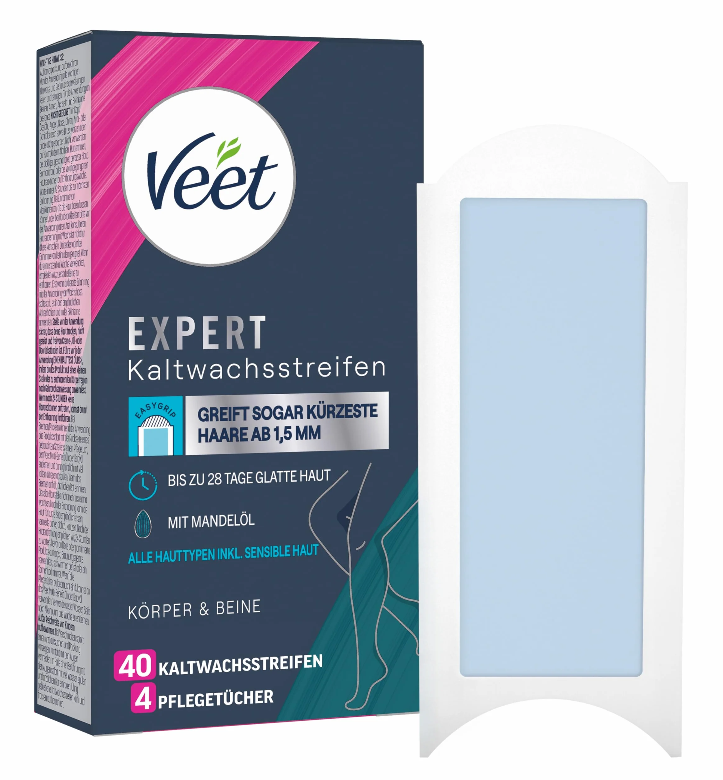 Veet Expert paski wosku zimnego do ciała i nóg – paski woskowe do usuwania włosów do wszystkich rodzajów skóry, w tym skóry wrażliwej – 20 podwójnych pasków = 40 pasków