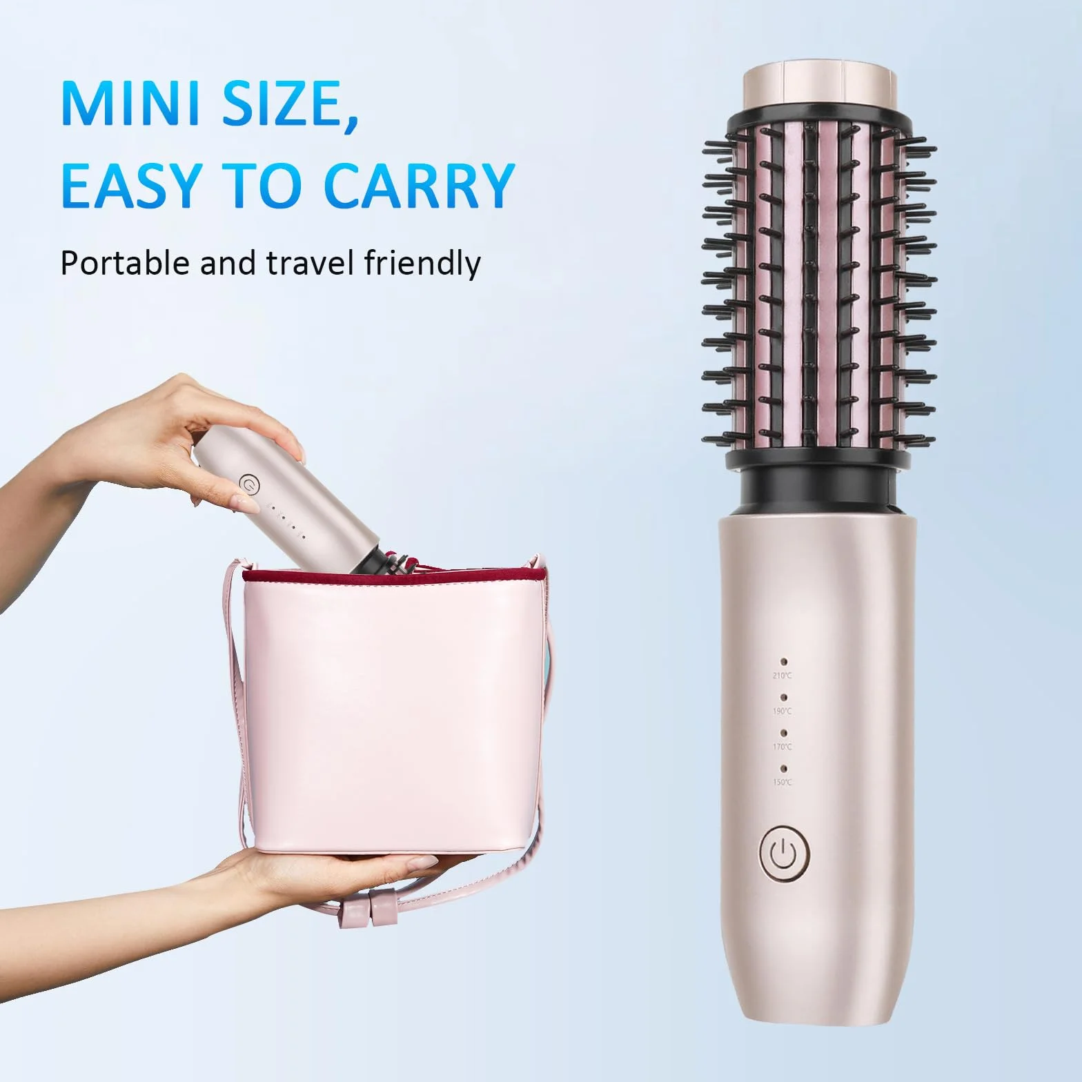Bezprzewodowa szczotka do lokówki, bezprzewodowa lokówka 2 w 1 i szczotka do prostowania, 7000 mAh przenośna mini lokówka z ujemnym jonem, 150℃-210℃ (różowa)