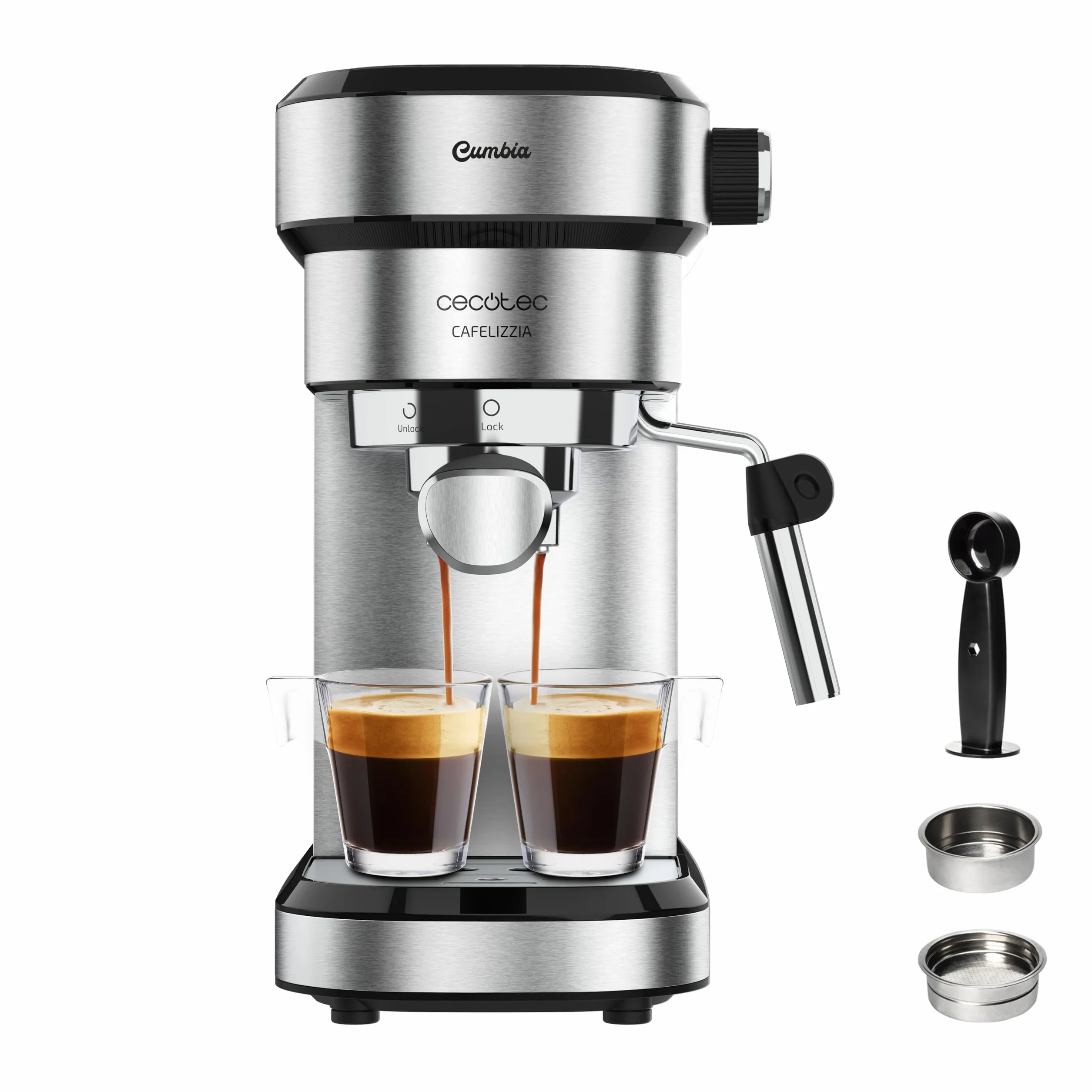 Cecotec Maszyna do espresso Cafelizzia 790 Steel, 1350 W, podwójny uchwyt filtra, 20 barów, zbiornik 1,2 l, stal