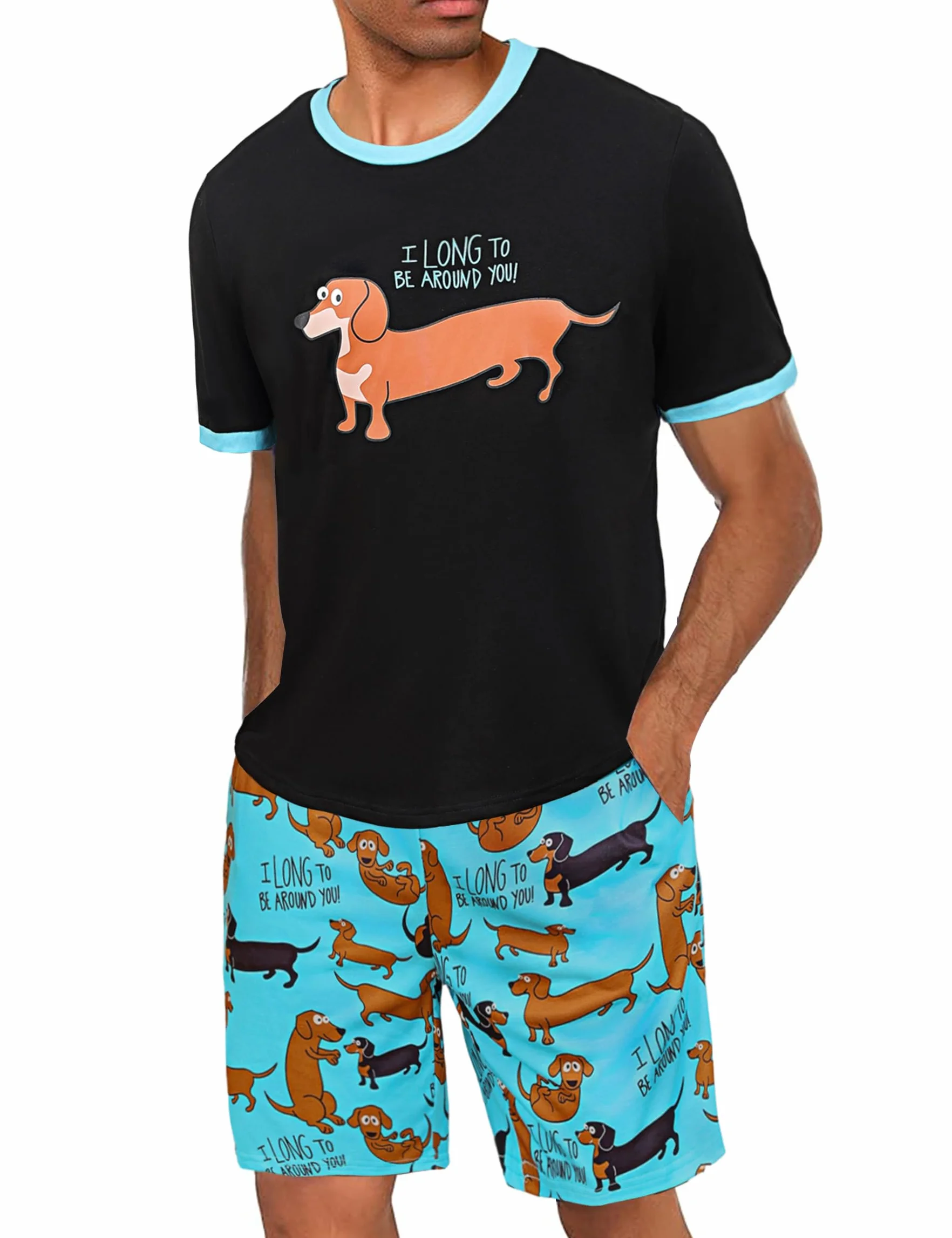 Demegimi Męska piżama krótka piżama bawełniana letnia bielizna nocna zabawny pies duckelhund t-shirt i spodnie piżamowe dla mężczyzn