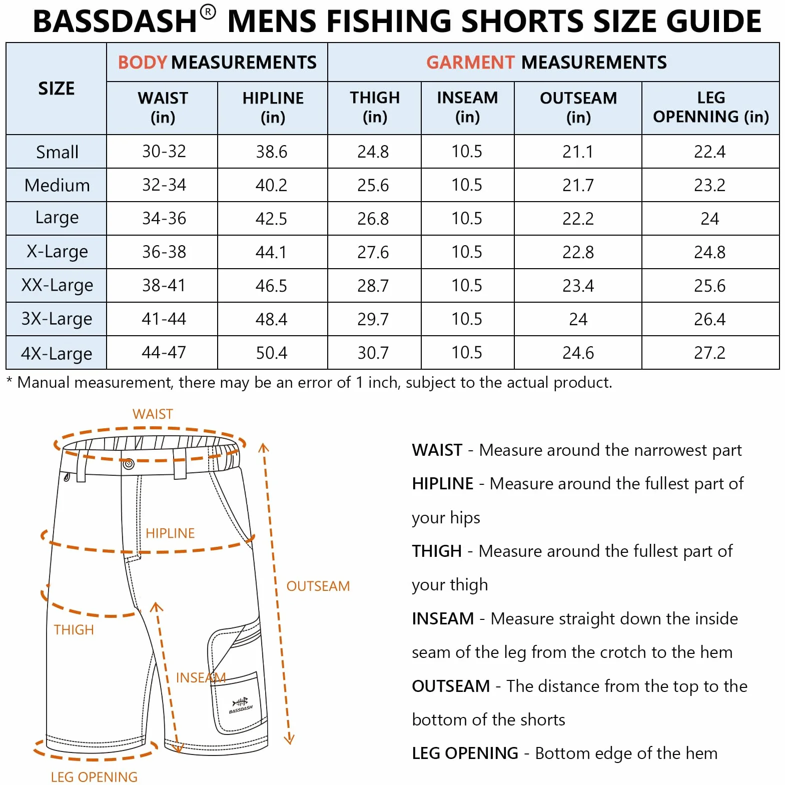 BASSDASH 26.7 cm męskie szorty wędkarskie cargo szybkoschnące UPF 50+ wodoodporne FP01M