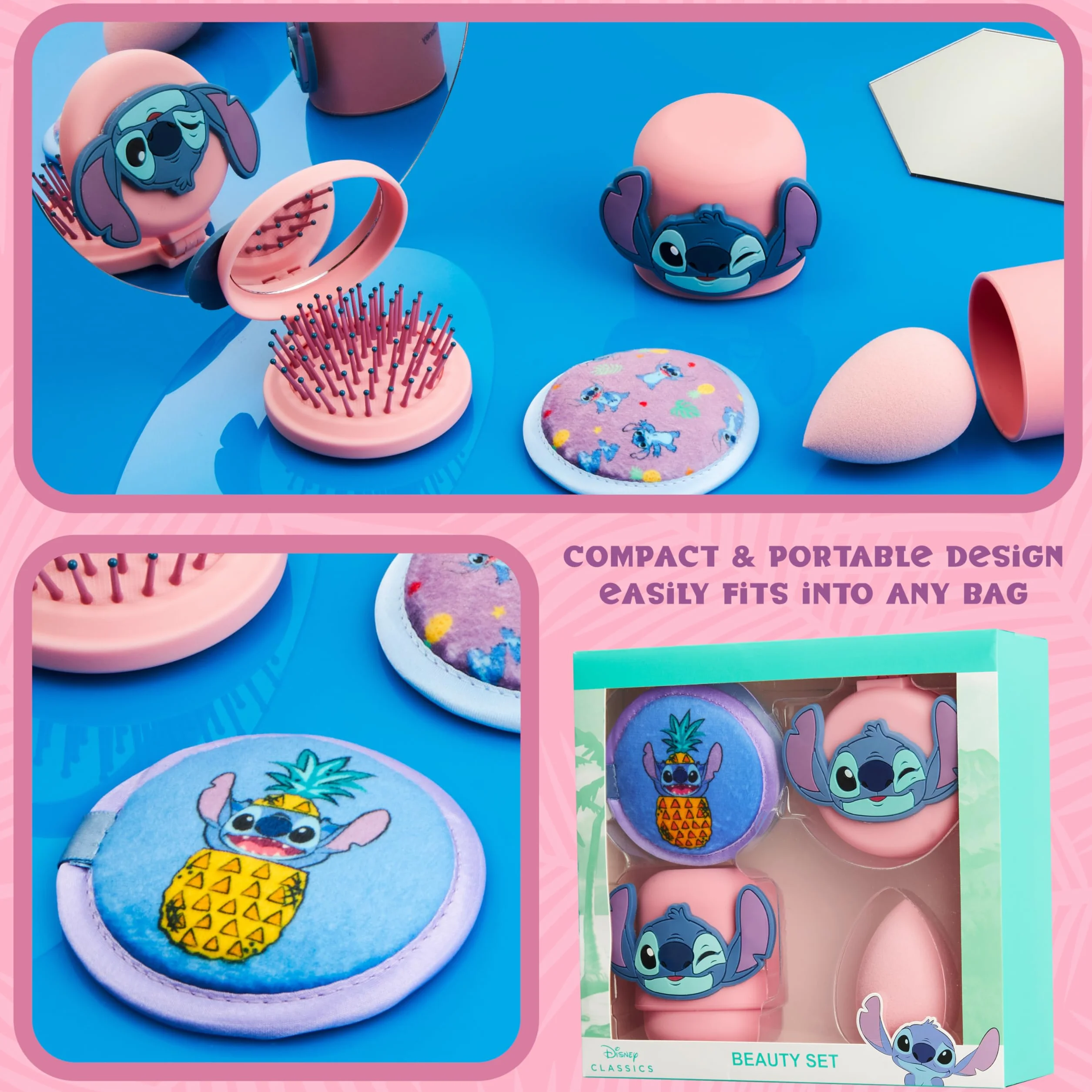 Zestaw akcesoriów do urody Disney Stitch z gąbką do makijażu, wielokrotnego użytku podkładkami do demakijażu i szczotką do włosów do podróży - prezenty Stitch