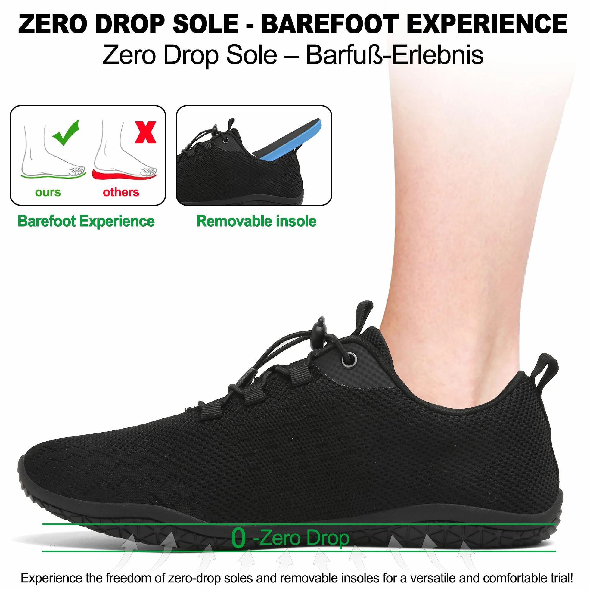 Geweo Buty Barefoot Mężczyźni Kobiety Lato Barefoot Shoes Szeroką Skrzynką na Palce Lato Oddychające Buty do Biegania Buty do Treningu Lekkie Wygodne Buty Fitness Sneaker Unisex Czarny 45EU