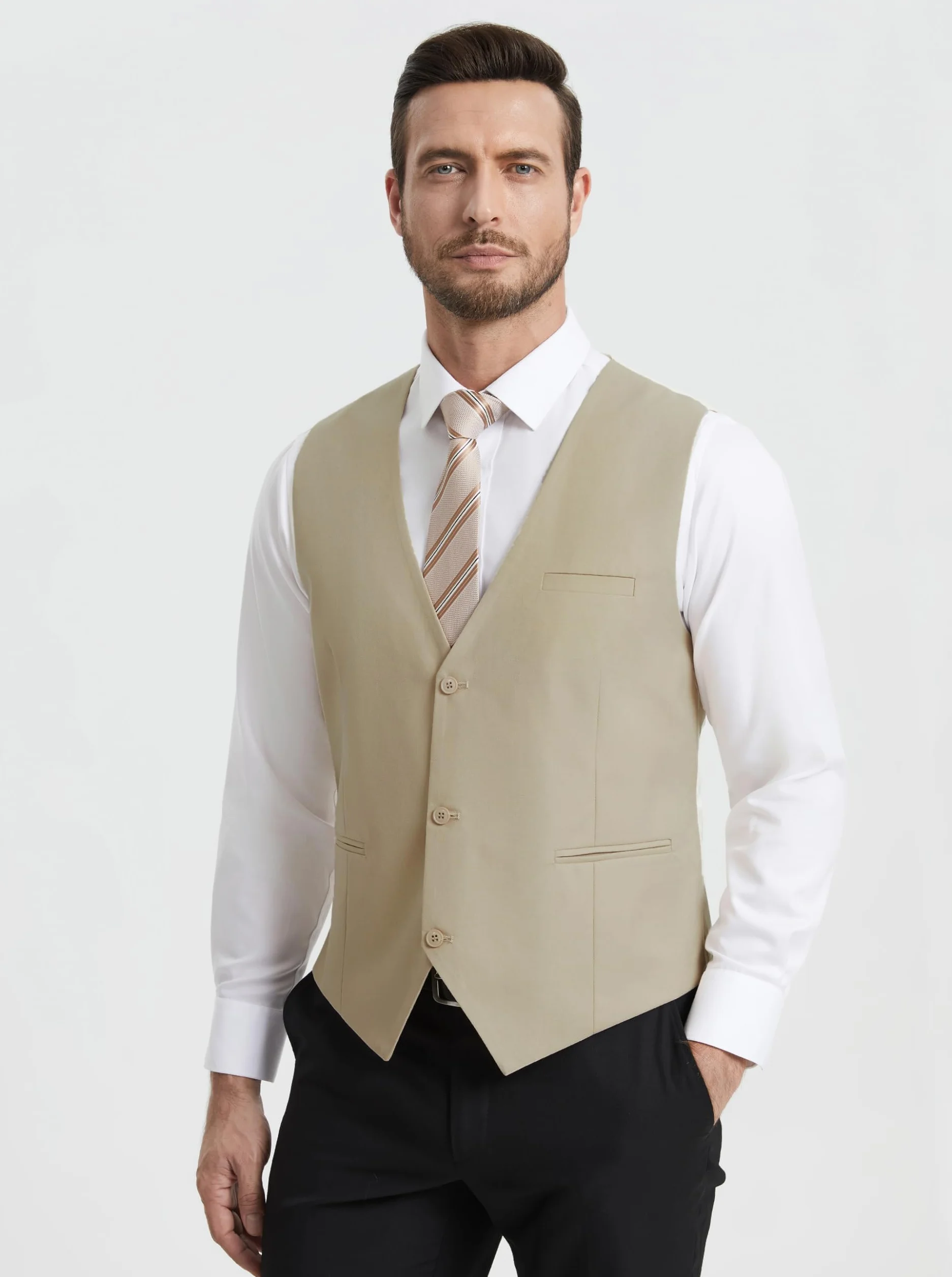 HISDERN Kamizelka garniturowa męska, elegancka kamizelka ślubna, regularny krój, klasyczna, formalna kamizelka garniturowa, jednokolorowa, dla pana młodego, smokingowa, kamizelka dla mężczyzn, z 3