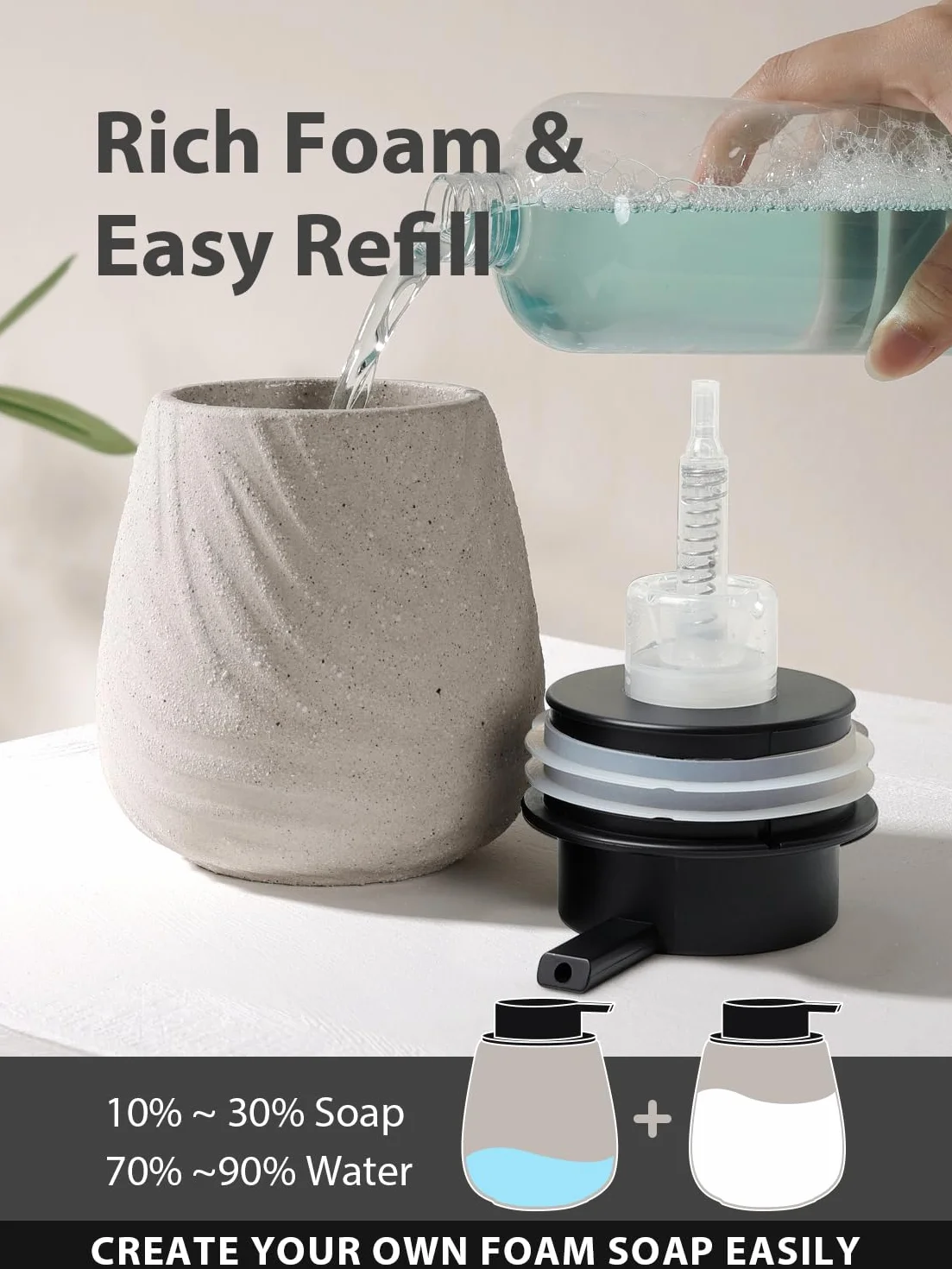 Dozownik mydła z pianki, dozownik płynu do mycia naczyń, 400 ml, naturalny beżowy, z dużą głowicą pompki, ceramiczny dozownik mydła piankowego do kuchni, łazienki