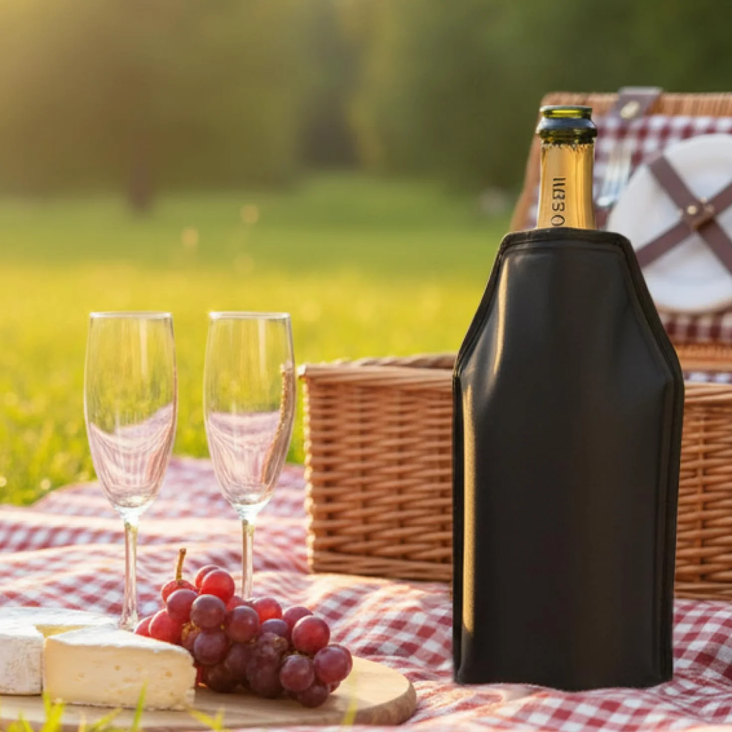 Przenosna chlodziarka do butelek – Chlodzacy rekaw do szampana z gumka – Chlodzacy rekaw do szampana, wina, piwa i napojów bezalkoholowych (Czarny - 1 sztuka)