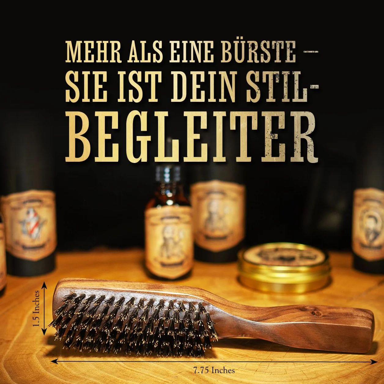 THE VINTAGE GROOMING CO. Szczotka do brody i wąsów z drewna – włosie dzika – brązowa – dla mężczyzn z brodą – ergonomiczny uchwyt – pielęgnuje włosy i oczyszcza skórę głowy