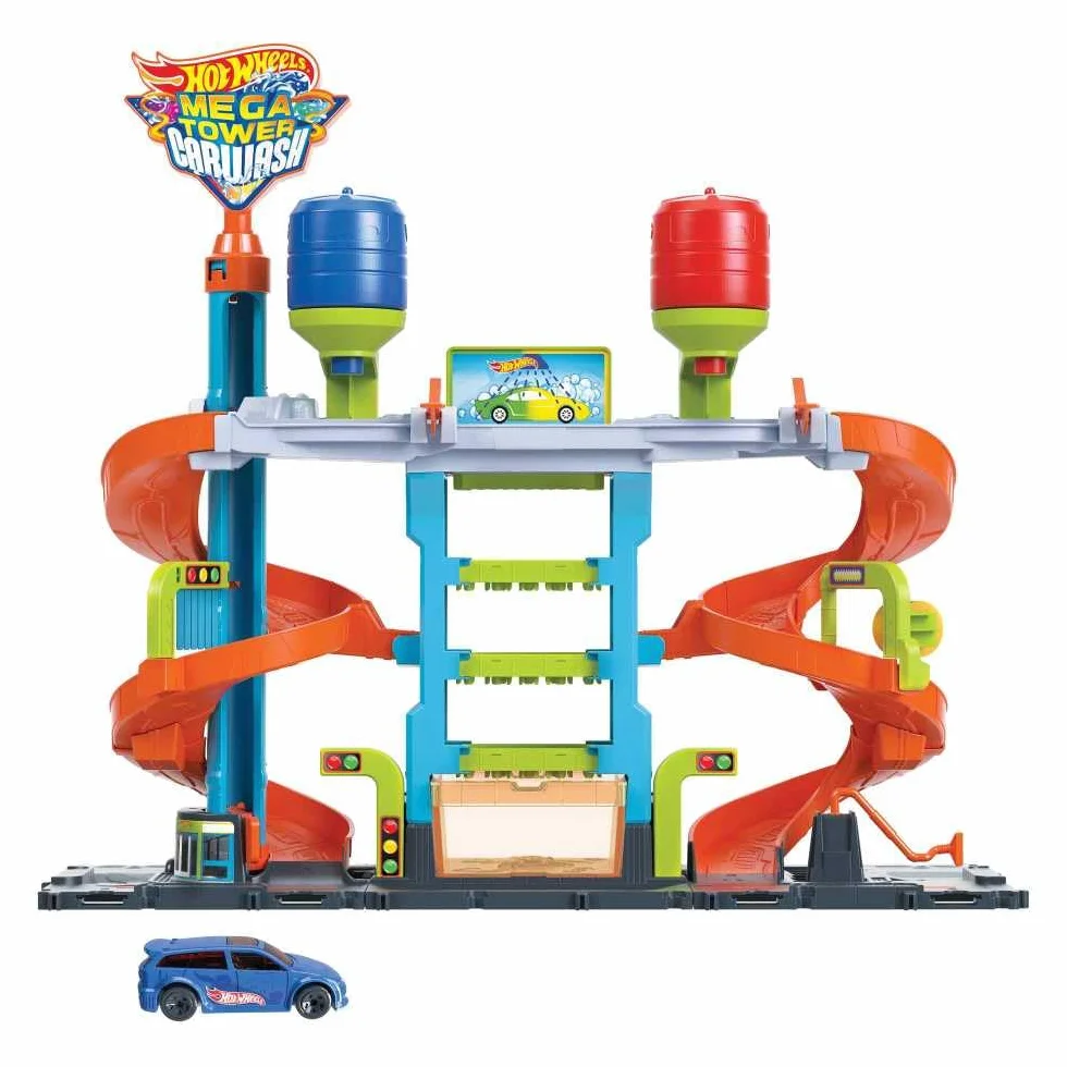 Hot Wheels City Zakręcona megamyjnia Zestaw ze zbiornikami na ciepłą i zimną wodę do zmiany koloru bez bałaganu + 1 samochodzik Color Shifters, łączy się z innymi zestawami, zabawka dla dzieci, HDP05