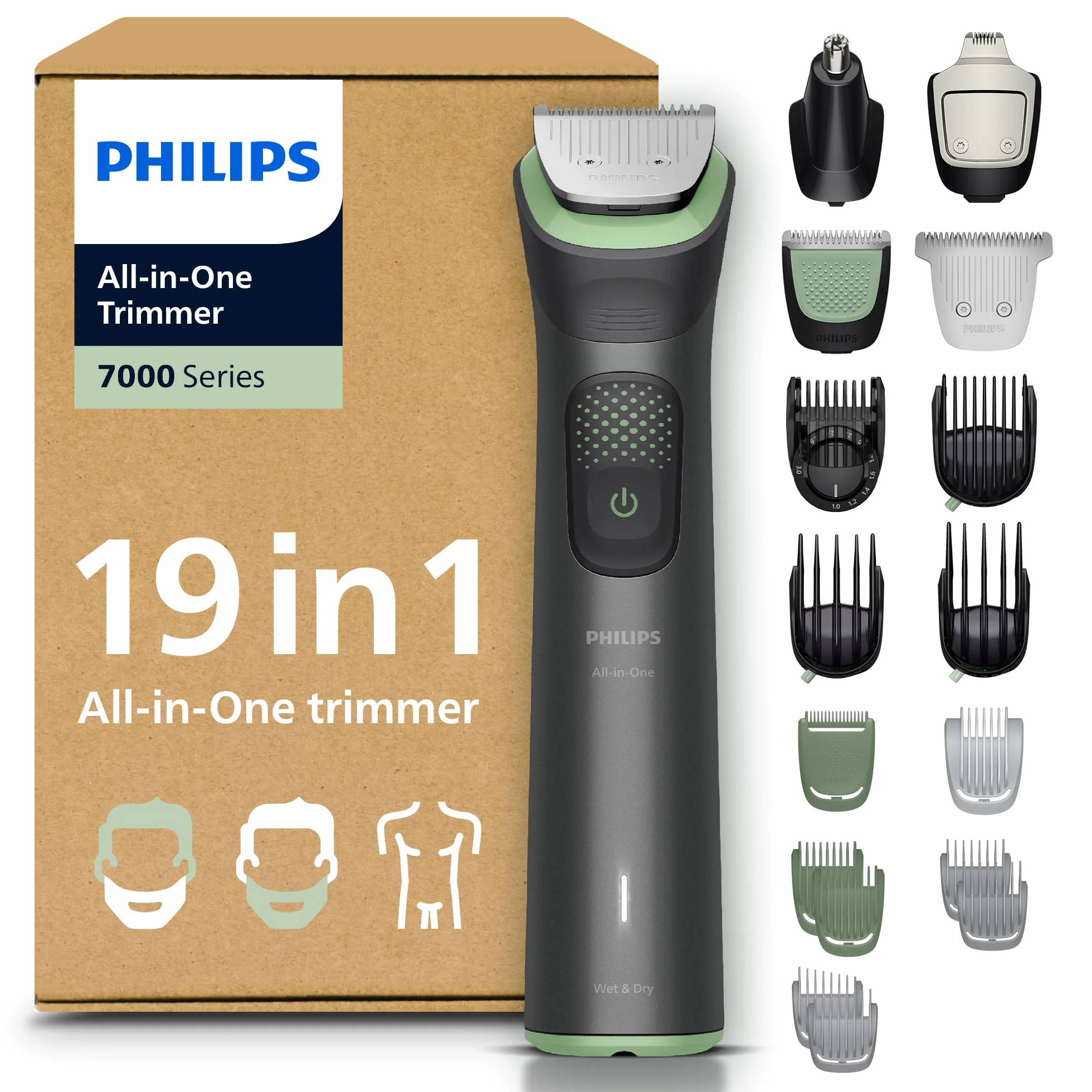 19-elementowy trymer Philips Multigroom All-in-One z serii 7000: trymer do twarzy, głowy i ciała, samoostrzące się metalowe ostrza, 26 ustawień długości (0,5-20 mm), model MG7962/30