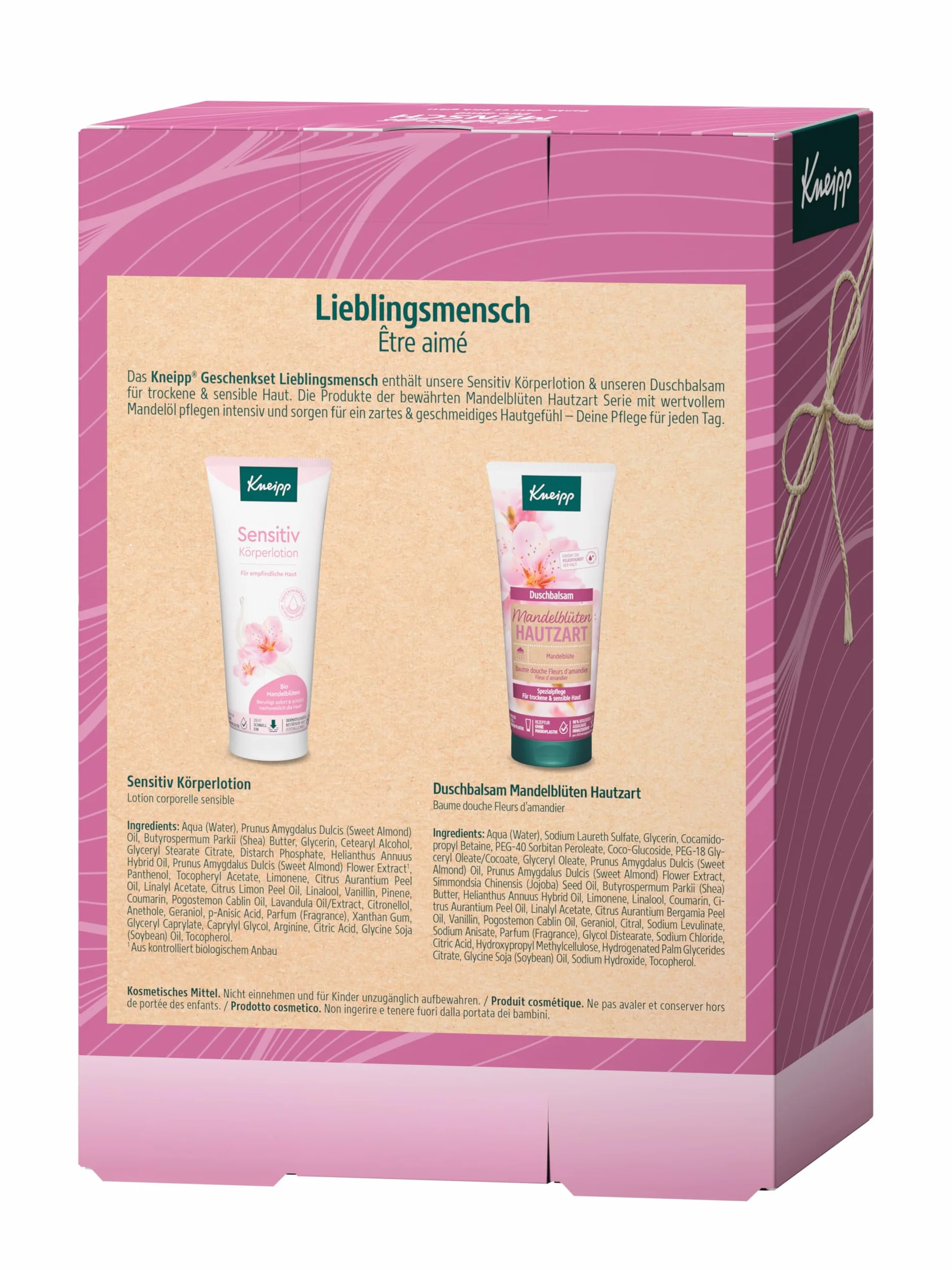Kneipp Zestaw upominkowy Lieblingsmensch - opakowanie prezentowe z balsamem do ciała i balsamem pod prysznic z serii "Hauttzart" z kwiatów migdałów - 2 x 200 ml