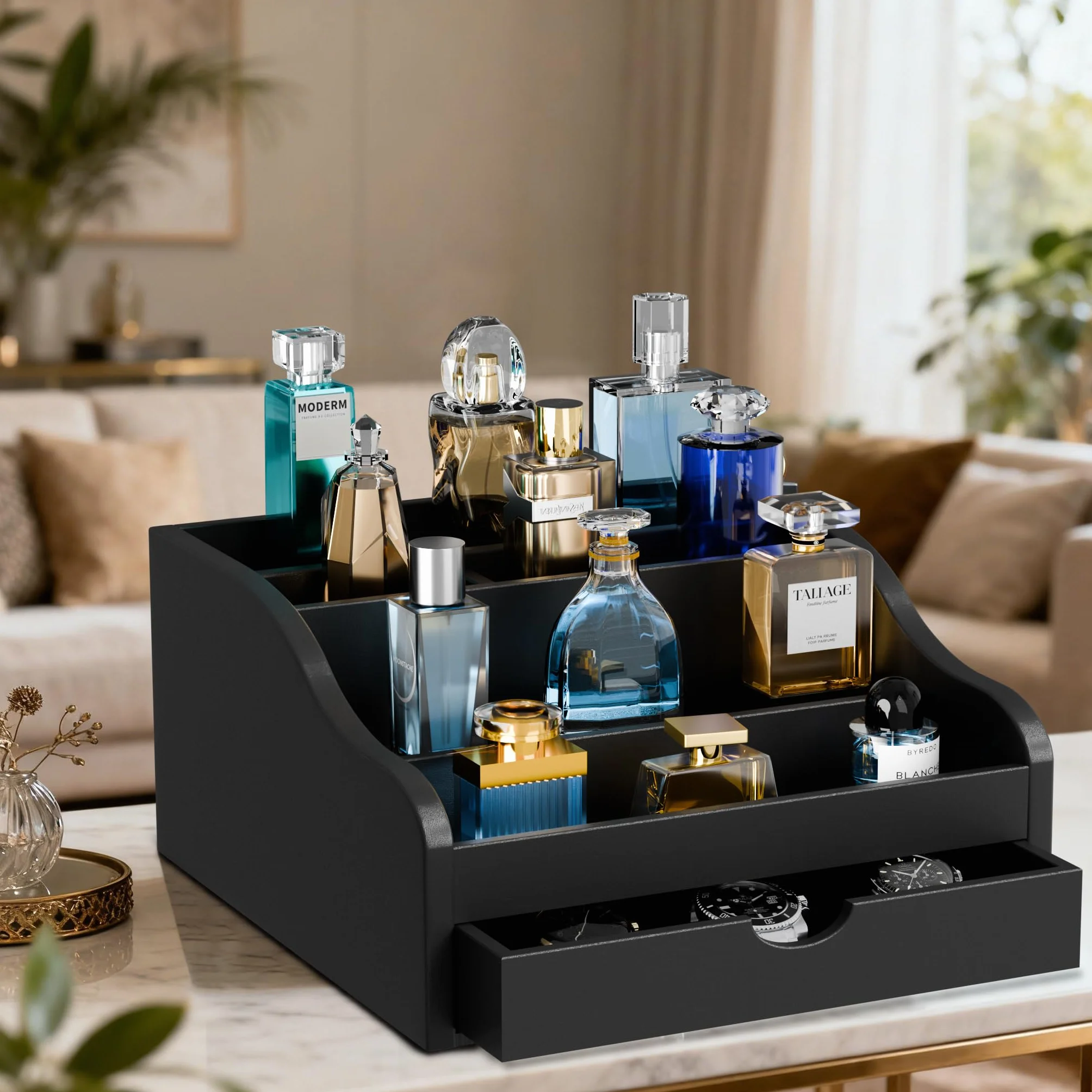 Köln organizer na perfumy, 4-stopniowy stojak na perfumy, organizer kosmetyczny z 2 szufladami i ukrytą przegródką, wielofunkcyjny, drewniany, regał na perfumy, na figurki, biżuterię