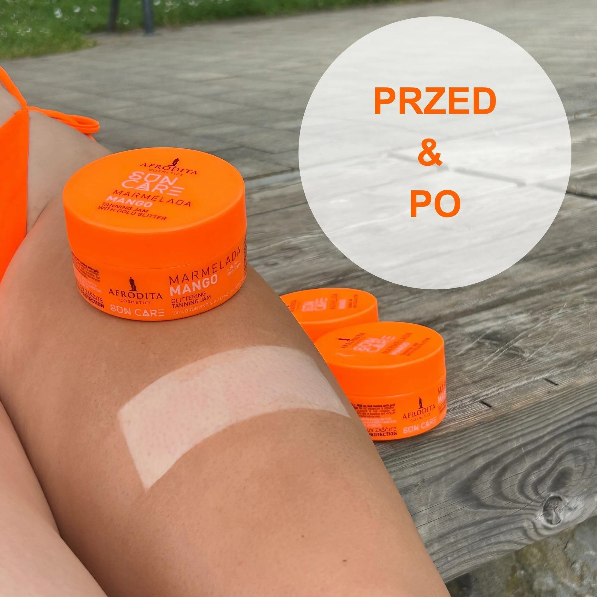 Afrodita Cosmetics Marmelada Mango przyspieszacz opalania – wegański dżem opalający ze złotym brokatem dla szybkiej naturalnej opalenizny – wodoodporny z ekstraktem z marchewki, masłem kakaowym i shea