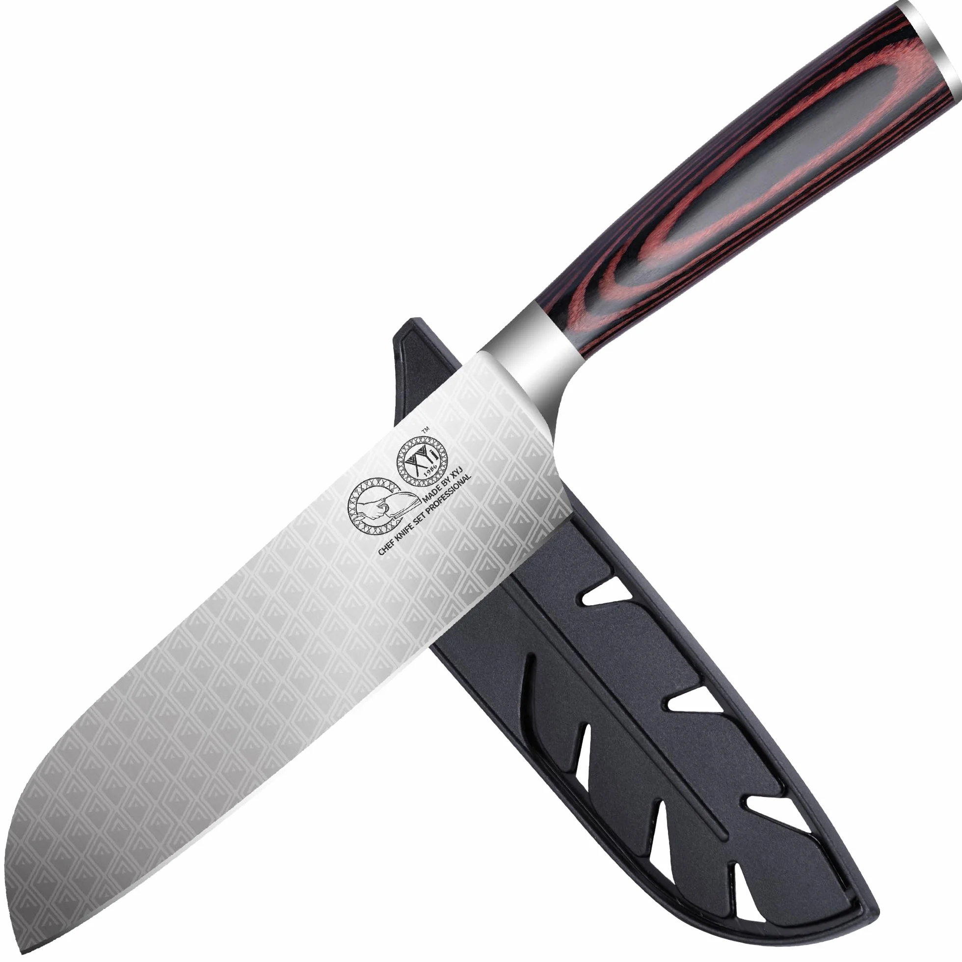 XYJ 7 Inch Japanese Kitchen Knife,Stainlss Steel,Razor Sharp,Santoku Knife With Sleeve,Ergonomic Handle,Meat Cleaver for Meat Cuting,Vegetable Slicing Cooking Chef Knife