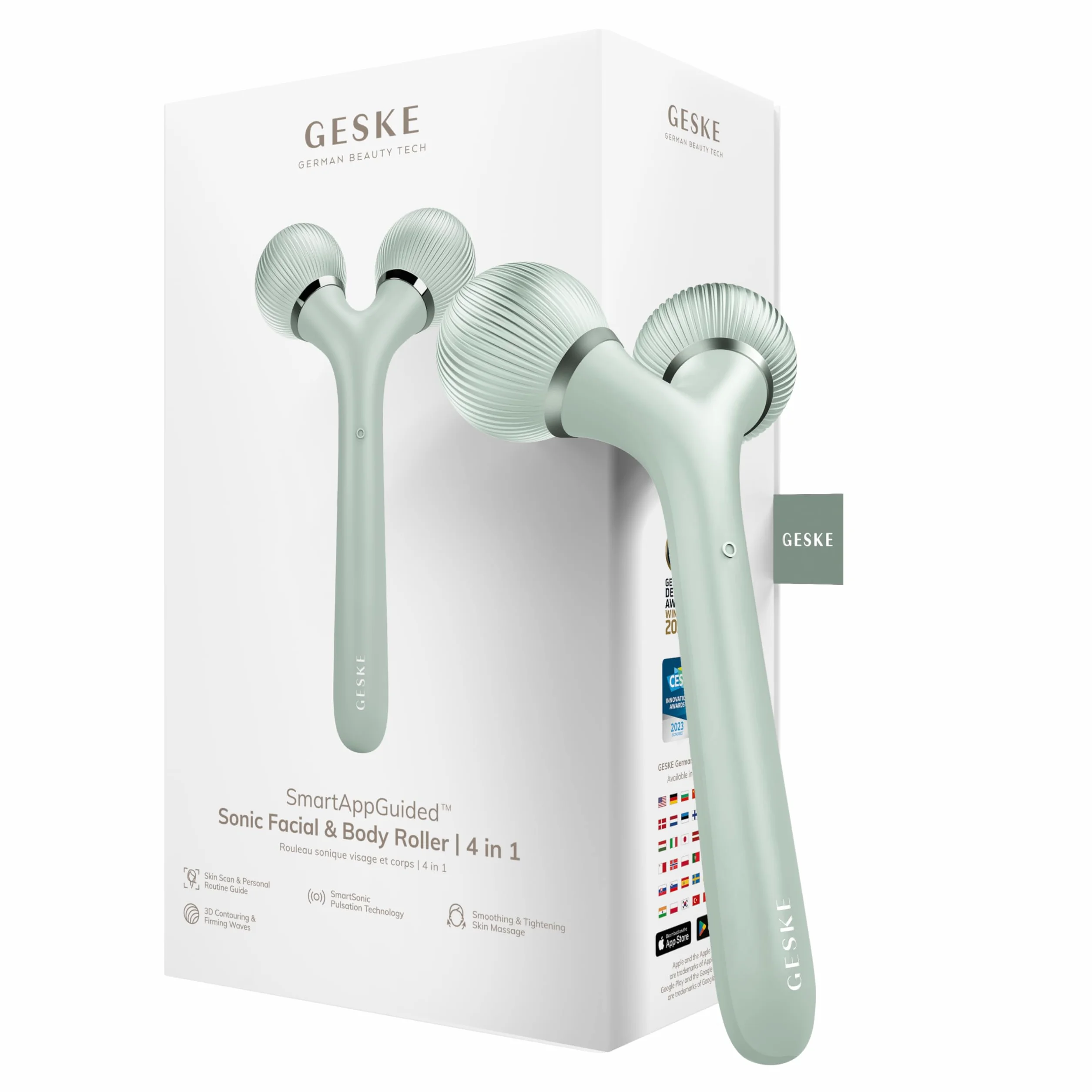 GESKE | SmartAppGuided™ Soniczny roller do twarzy i ciała | 4 w 1 | Derma Roller | Roller do skóry | Urządzenie do twarzy i ciała | Profesjonalny wałek do twarzy | Ujędrnia i upiększa ciało i twarz
