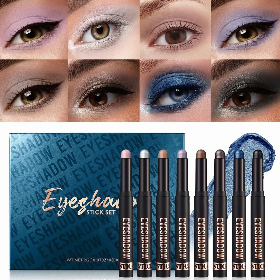 Cienie do powiek w sztyfcie, 8 * 2g Zestaw ołówków do cieni do powiek z brokatem i matowym, Eye Shadow Stick w kremie, łatwy w użyciu, tworzy kredki do oczu i długotrwały makijaż oczu (zestaw C)