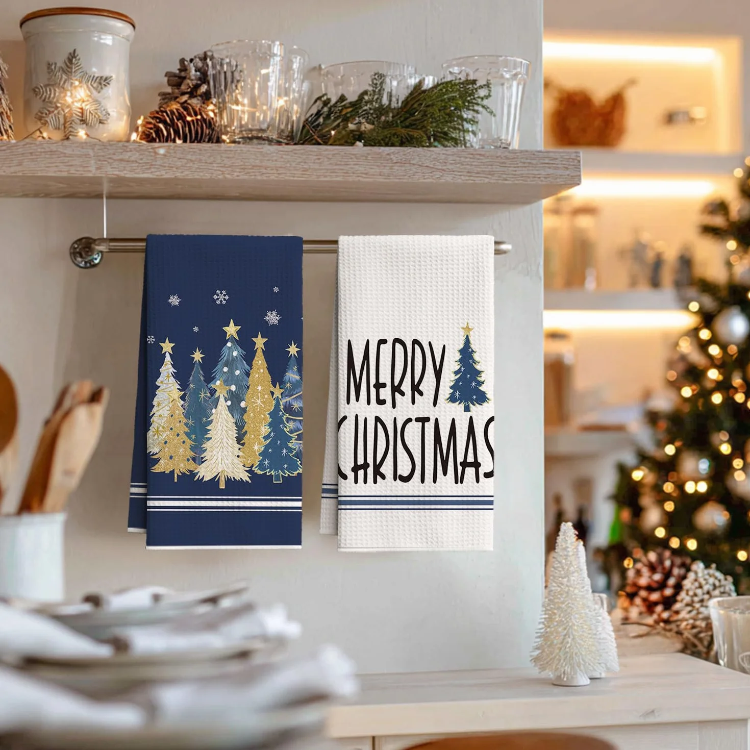 Artoid Mode Niebieskie sosny, gwiazdy, płatki śniegu, Boże Narodzenie, ręczniki kuchenne, ściereczki do naczyń, 42 x 65 cm Merry Xmas z mikrofibry, chłonne, dekoracja kuchenna, zestaw 2 szt