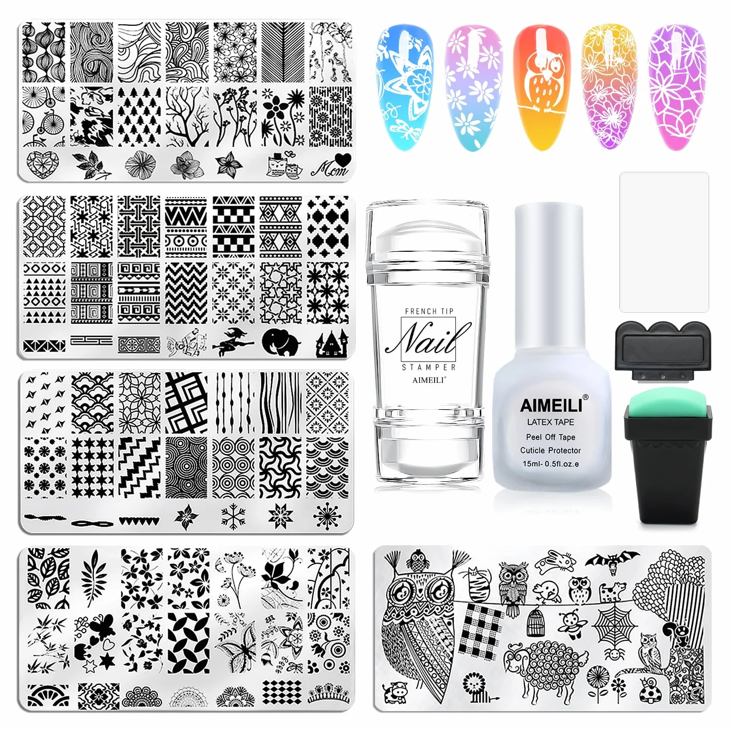 AIMEILI Nail Art Tamping Plates Zestaw do manicure pedicure 5 szt. płaskich paznokci z 2 stamper i 2 skrobaczki