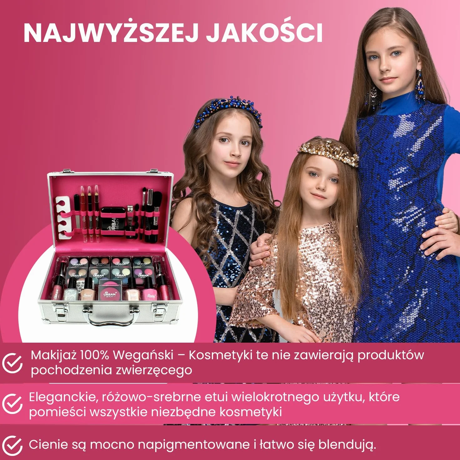 LOVE URBAN BEAUTY Wegańskie Olśniewające etui do makijażu – 60-częściowy zestaw do makijażu i paznokci dla nastolatków – Eleganckie srebrne pudełko – Kompaktowy i lekki design