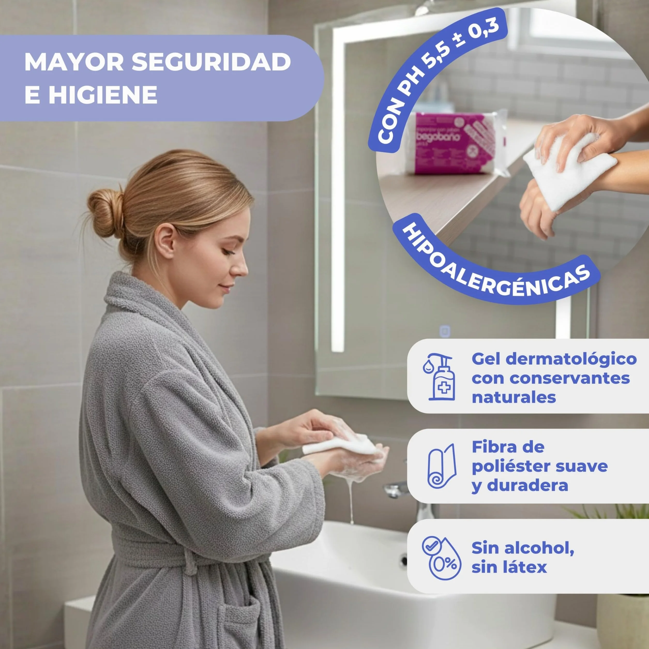 Begobaño Jednorazowa gąbka mydlana bez rozjaśniania. Jednorazowa gąbka do kąpieli z żelem dermatologicznym i hipoalergicznym. 10 sztuk