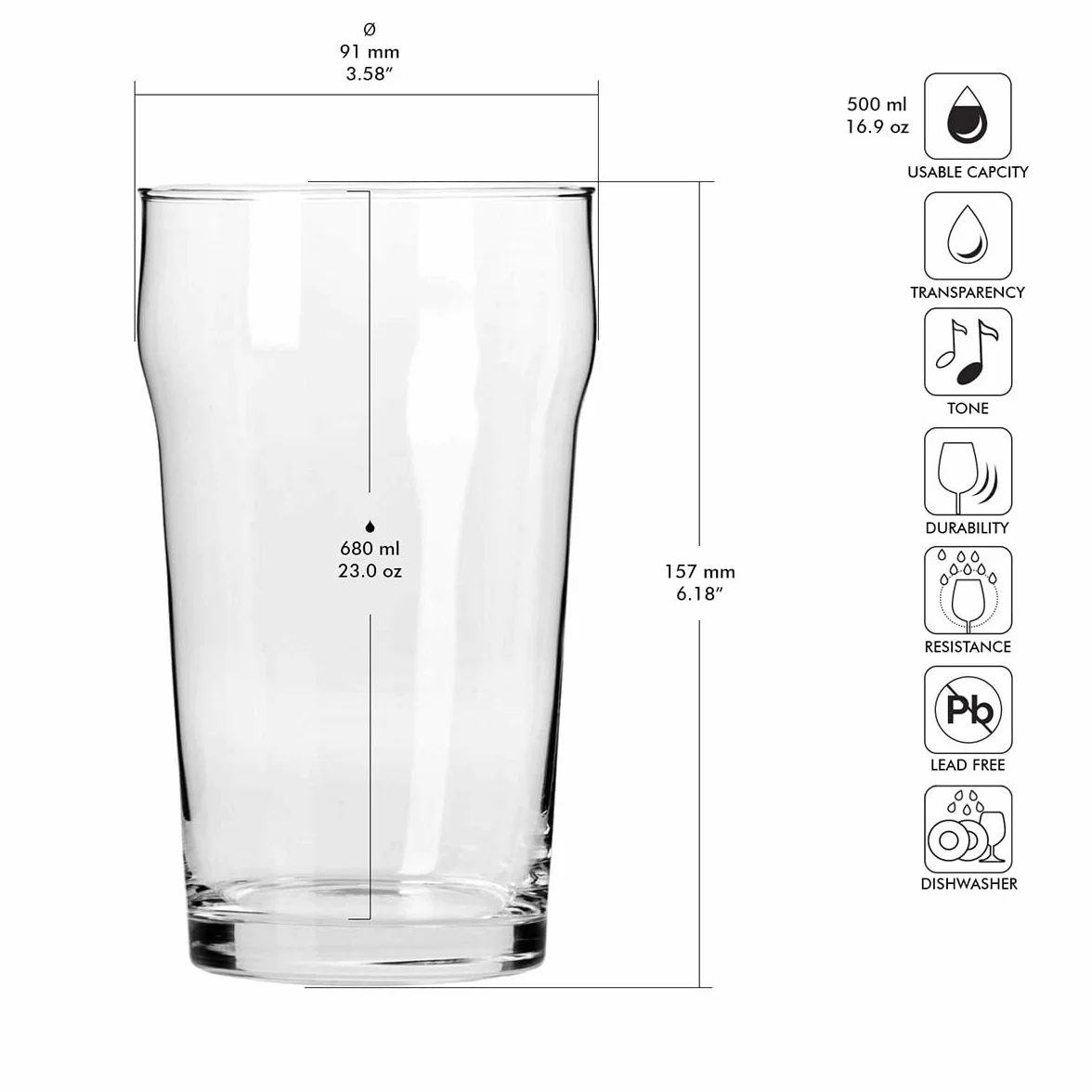 KROSNO | Szklanki do piwa typu Nonic | Komplet 6 x 500 ml | Kolekcja Mixology | Do lagerów i stoutów | Pogrubiony pierścień, stabilne dno | Na przyjęcia i imprezy | Szkło bezołowiowe | Do zmywarki