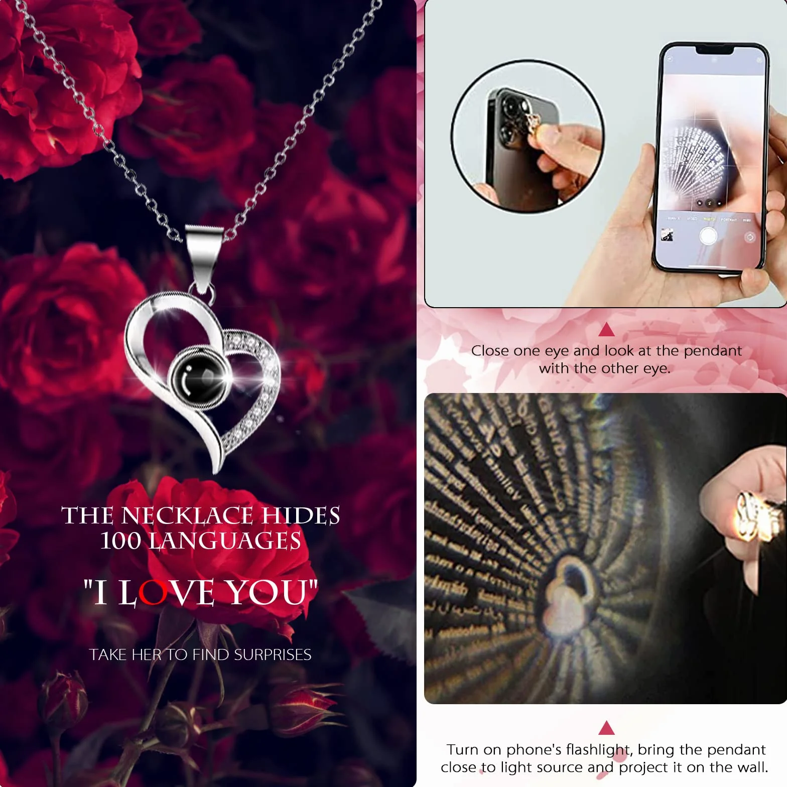 GOICC Wieczna róża z napisem „I Love You”, naszyjnik z różowymi fiołkami, opakowanie upominkowe, prezent na Dzień Matki, urodziny, rocznicę, dla mamy, narzeczonej, żony