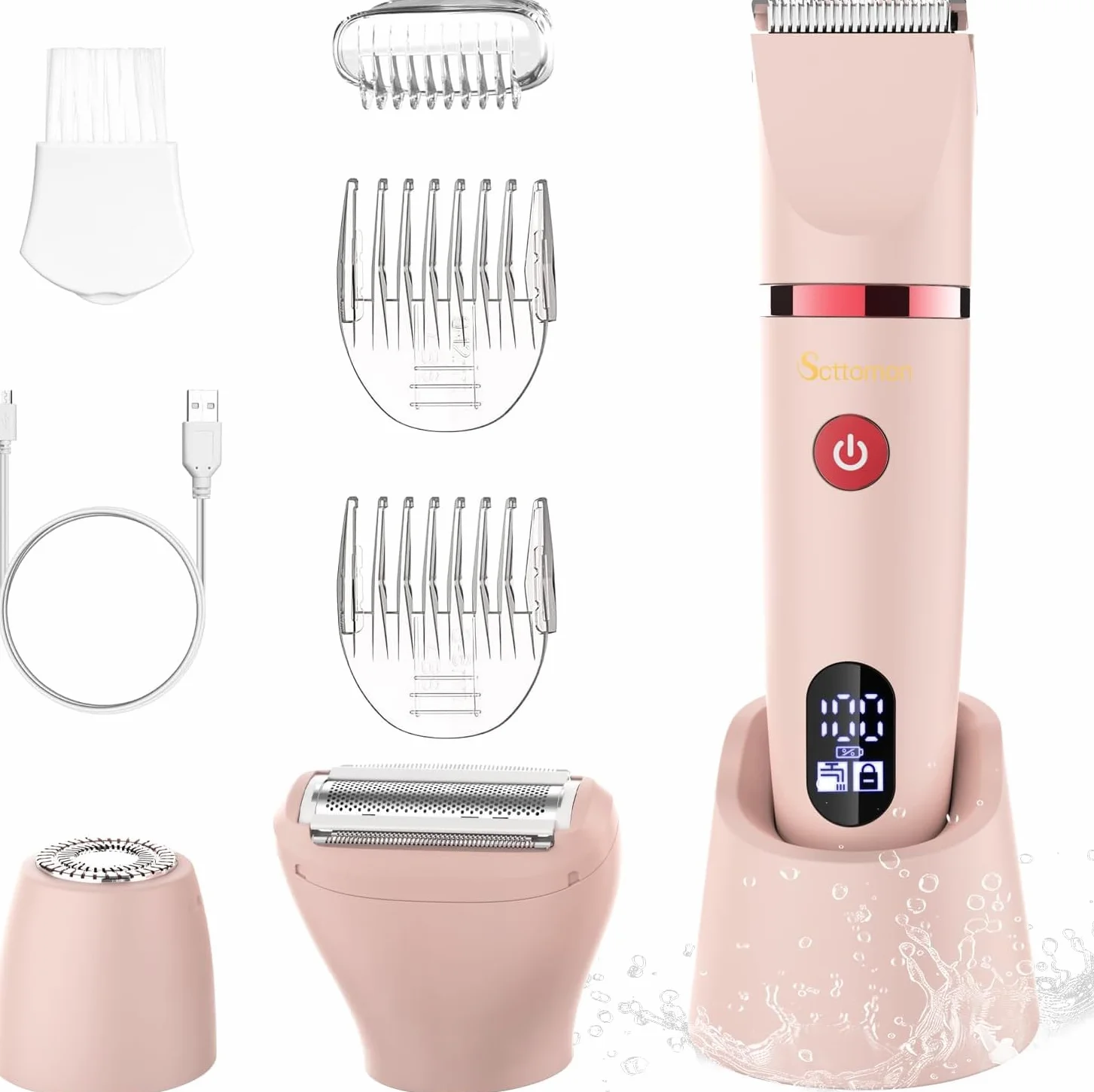 Scttomon 3-w-1 Brzytwa elektryczna IPX7 Wodoodporna przycinarka bikini Mokre użytkowanie Bezbolesne przycinarka osobiste Groomer Twarz Body Nogi Bikini Włosy publiczne Elektryczna golarka damska