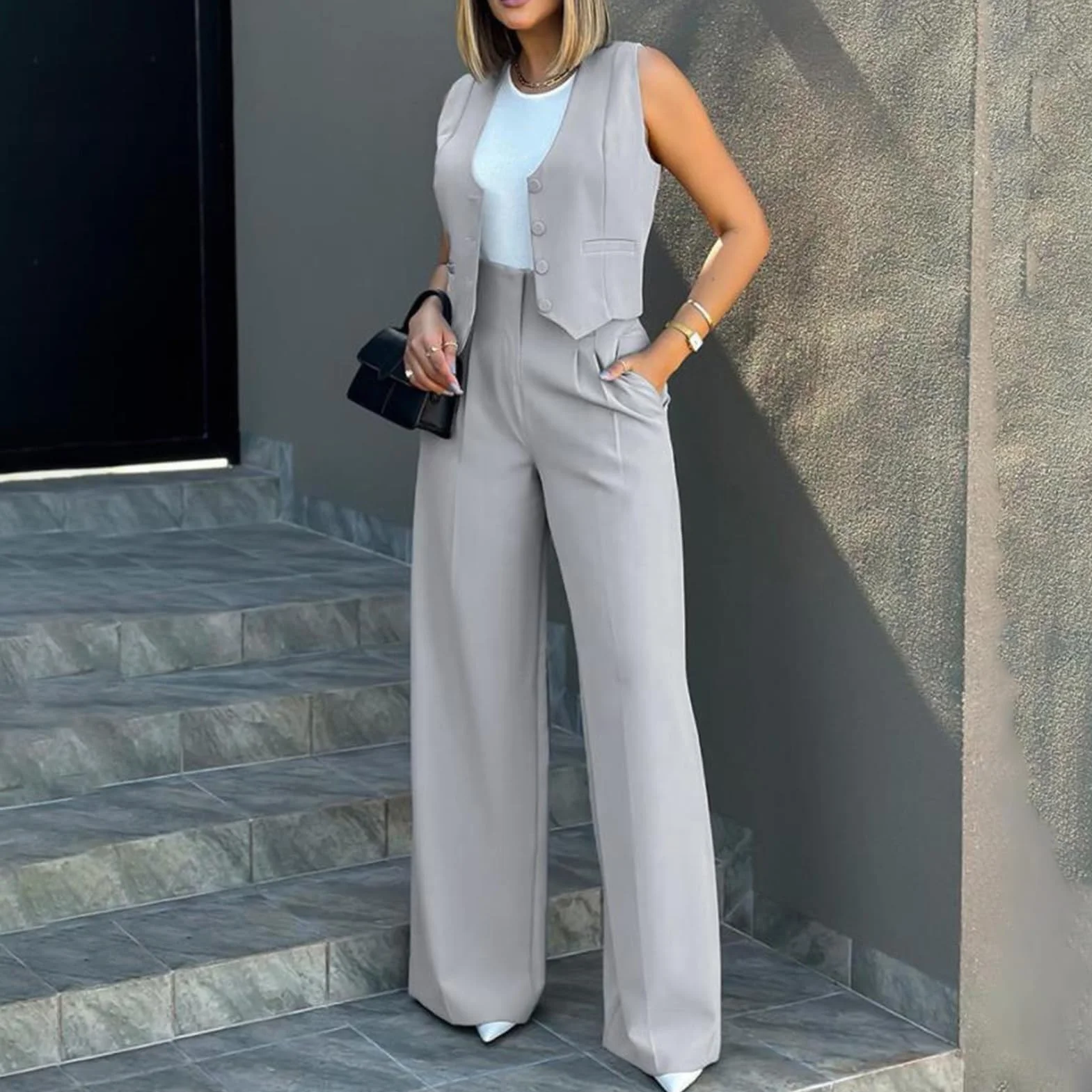 Kamizelka damska garnitur damski spodnie z szerokimi nogawkami z kamizelką bez rękawów jednolity kolor wysoka talia elegancka damska workowate spodnie zestaw casual streetwear