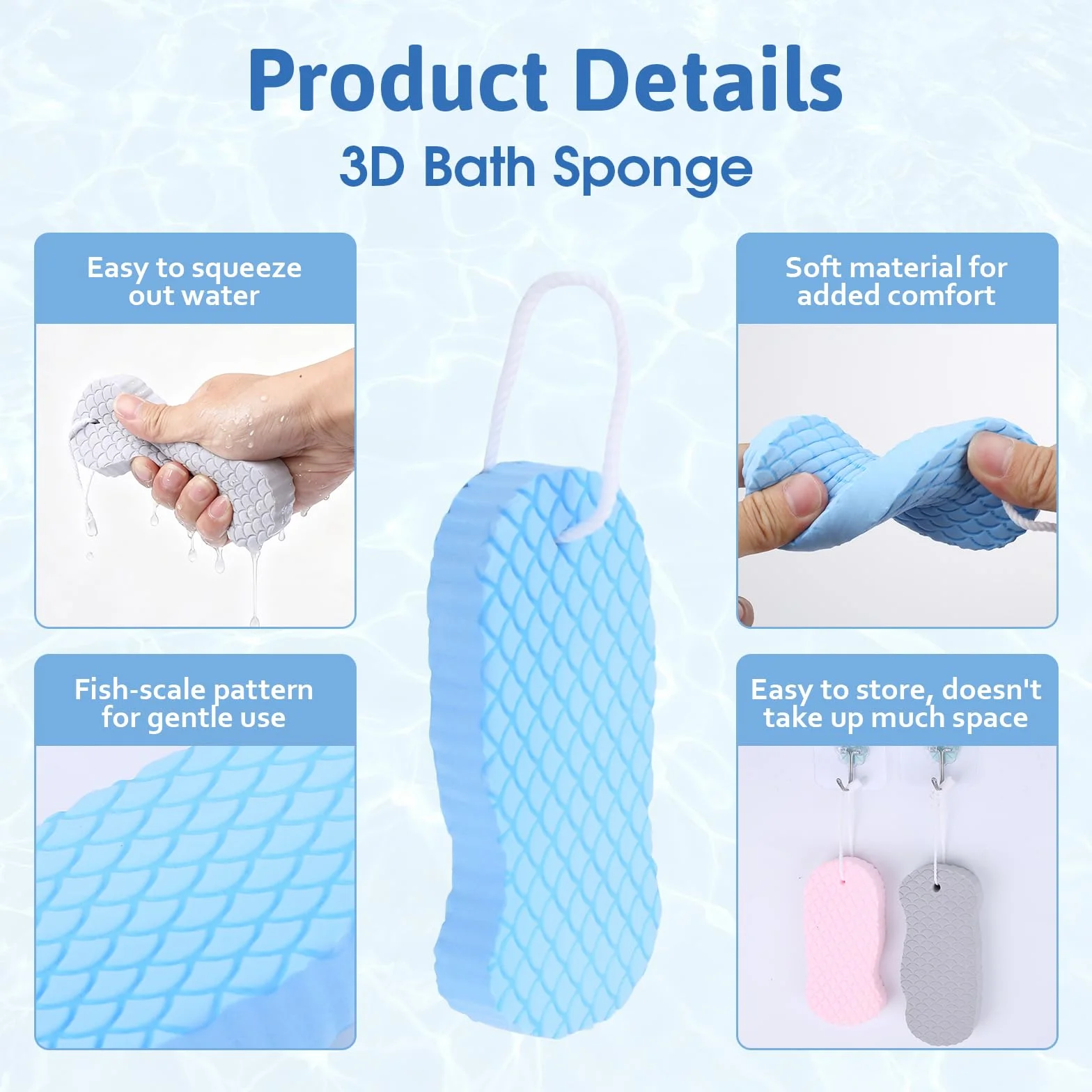 Gąbka do kąpieli peelingująca, 4 sztuki, ultra miękka gąbka do kąpieli, delikatny peeling, z rękawiczkami kąpielowymi i 4 haczykami, peeling wielokrotnego użytku, dla dorosłych, dzieci i kobiet