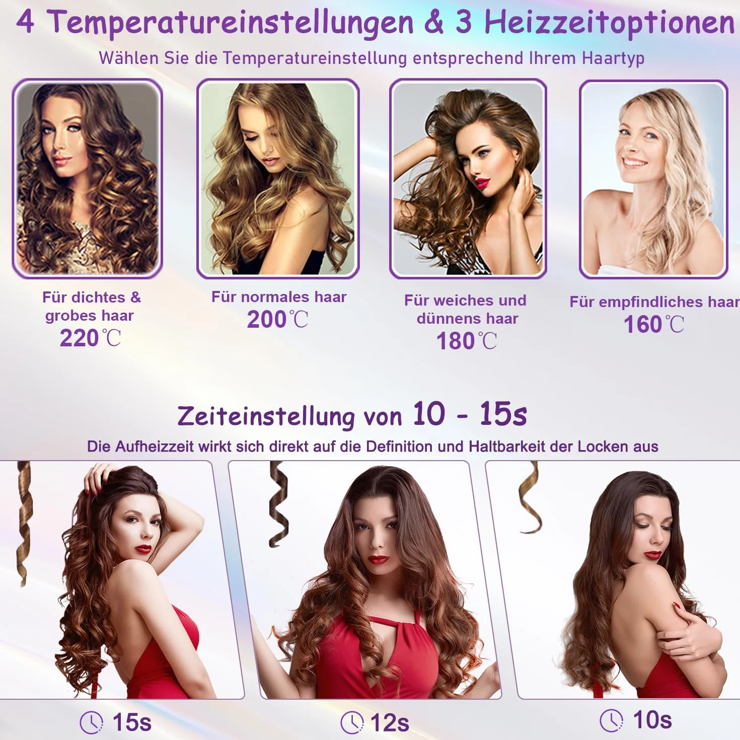Automatyczna lokówka, lokówka do włosów, 4 regulowane ustawienia temperatury, 3 opcje czasu nagrzewania, nieplączący się obracany o 360° kabel, ciągłe zasilanie
