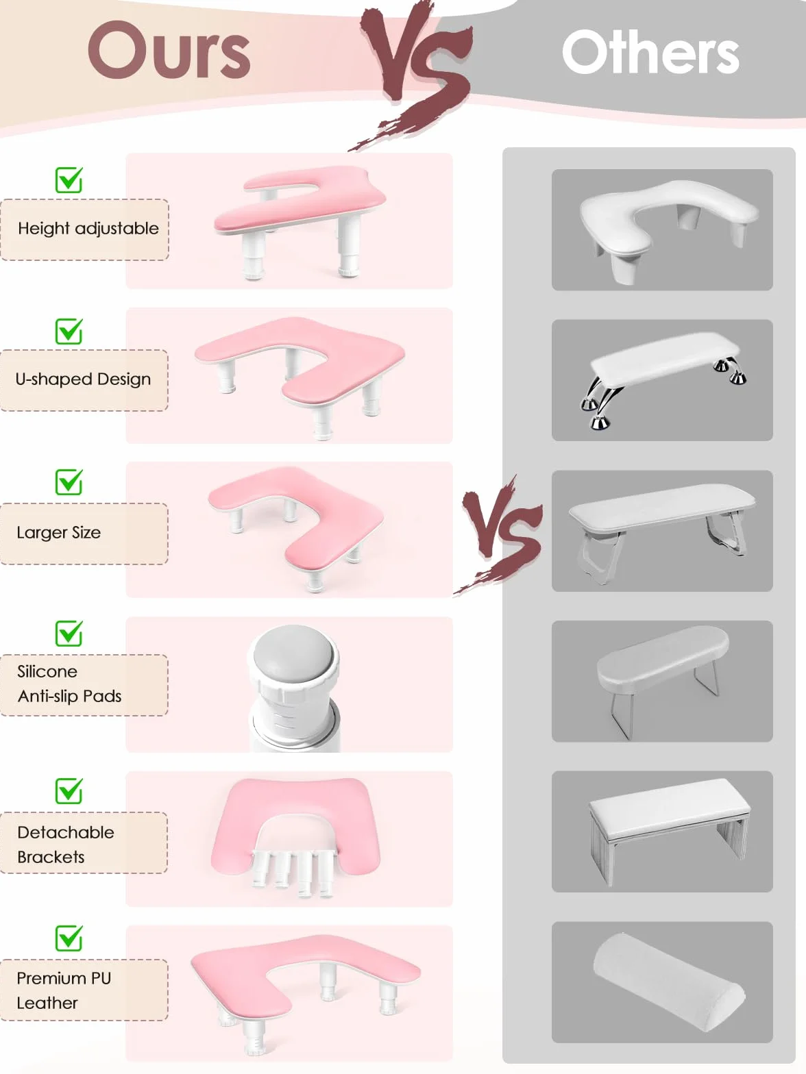 Podłokietnik do paznokci w kształcie litery U, podpórka pod dłonie, różowa, do manicure