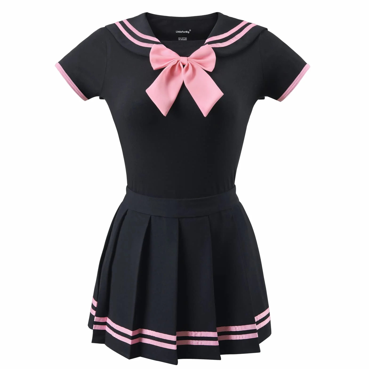 LittleForBig Bawełniany Romper Onesie Piżama Bodysuit - Klasyczny japoński komplet spódniczki Onesie dla dziewczynek w wieku szkolnym pełna czerń M